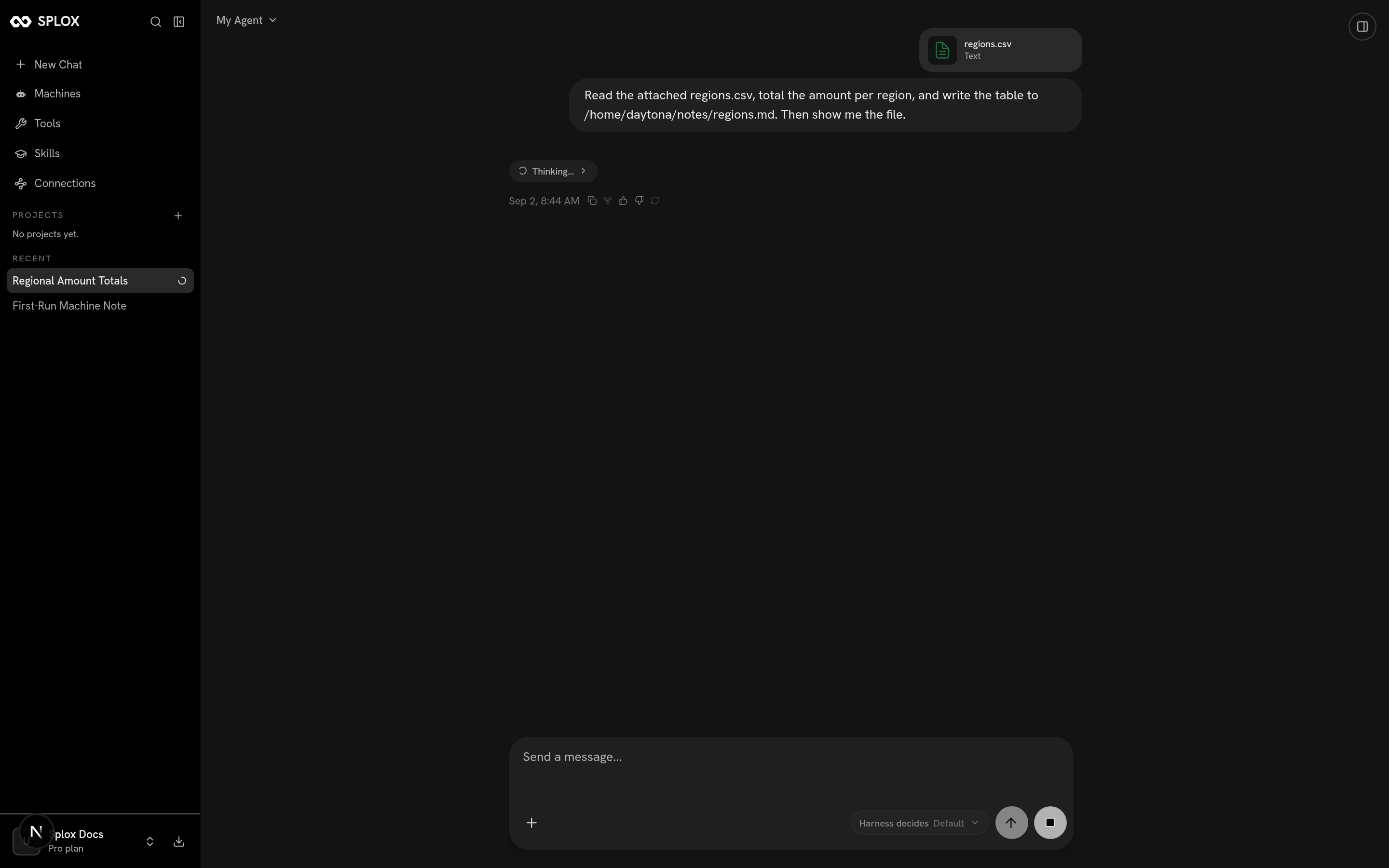 A Splox chat mid-run with a CSV attached to the message