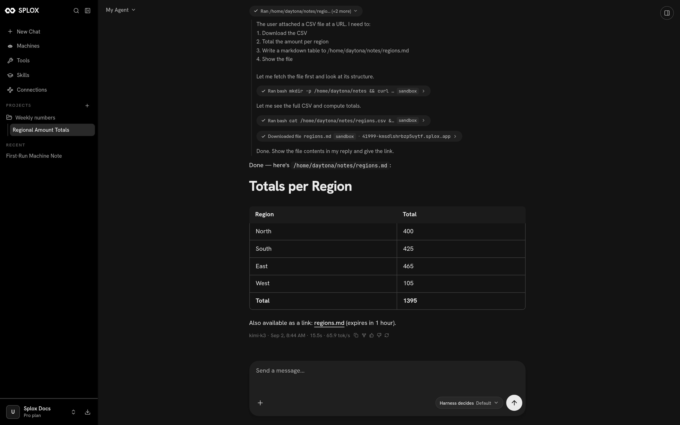 A Splox turn expanded showing reasoning and tool calls