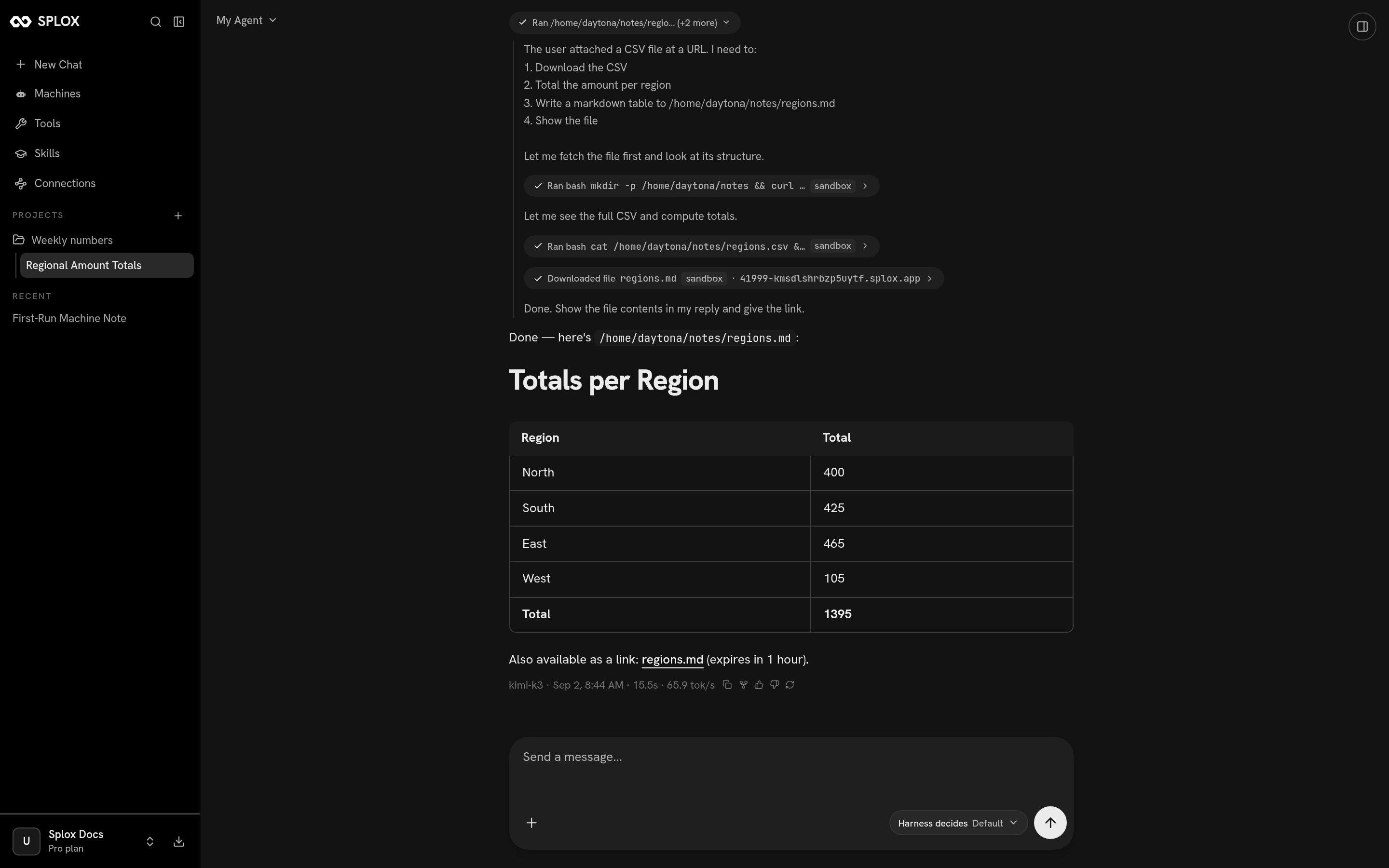 A Splox turn expanded showing reasoning and tool calls