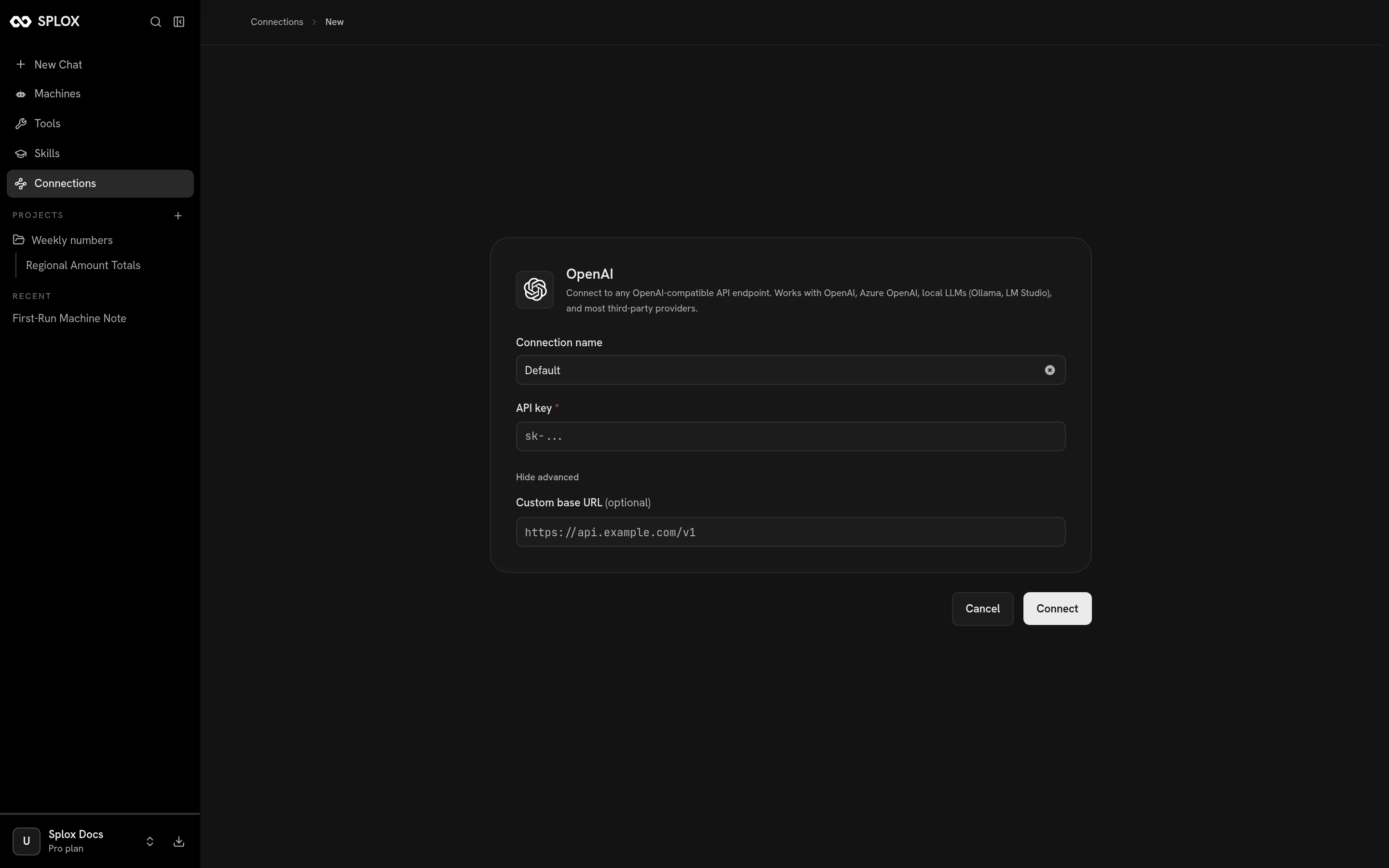 The OpenAI connection form with name, API key and custom base URL