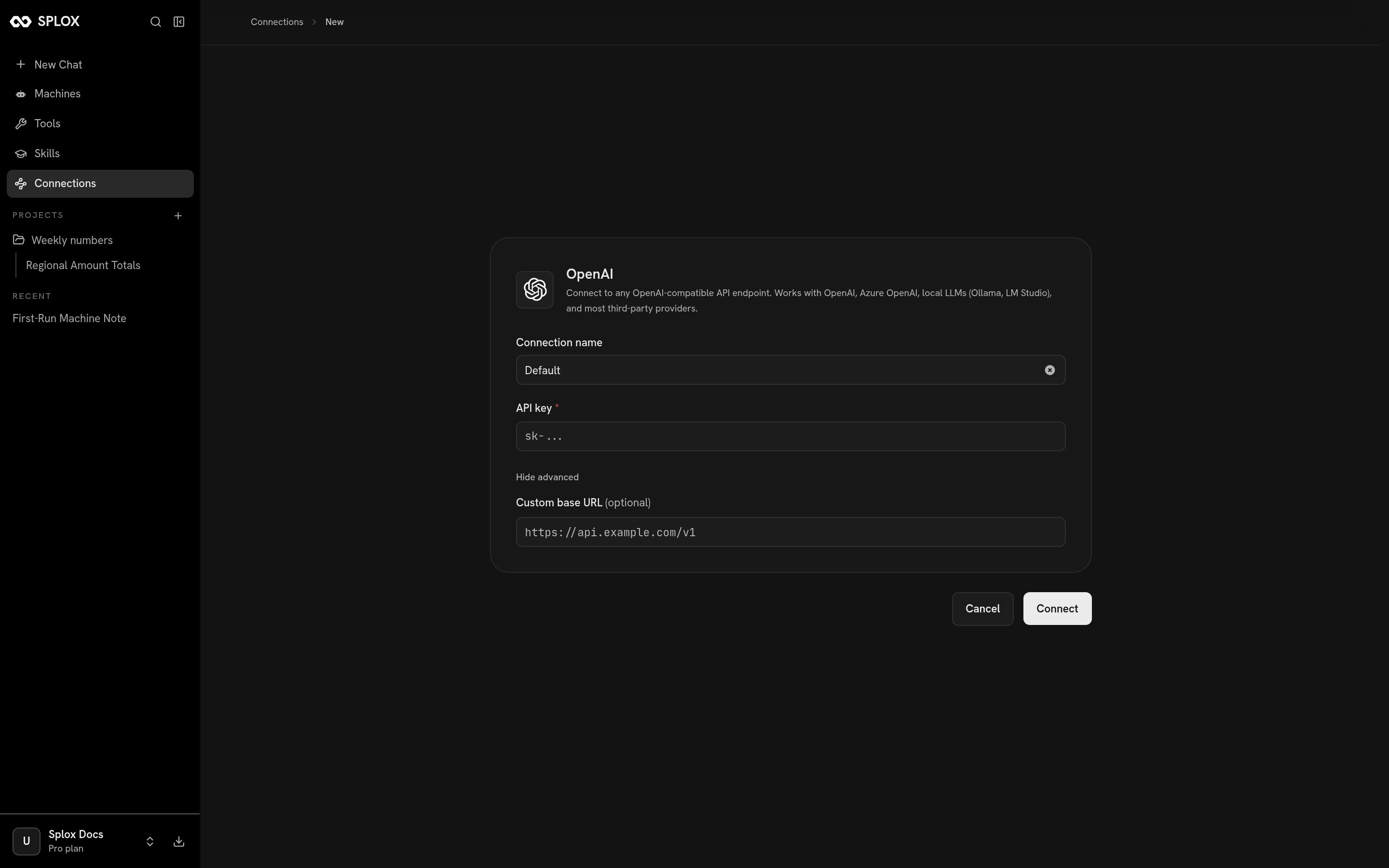 The OpenAI connection form with name, API key and custom base URL