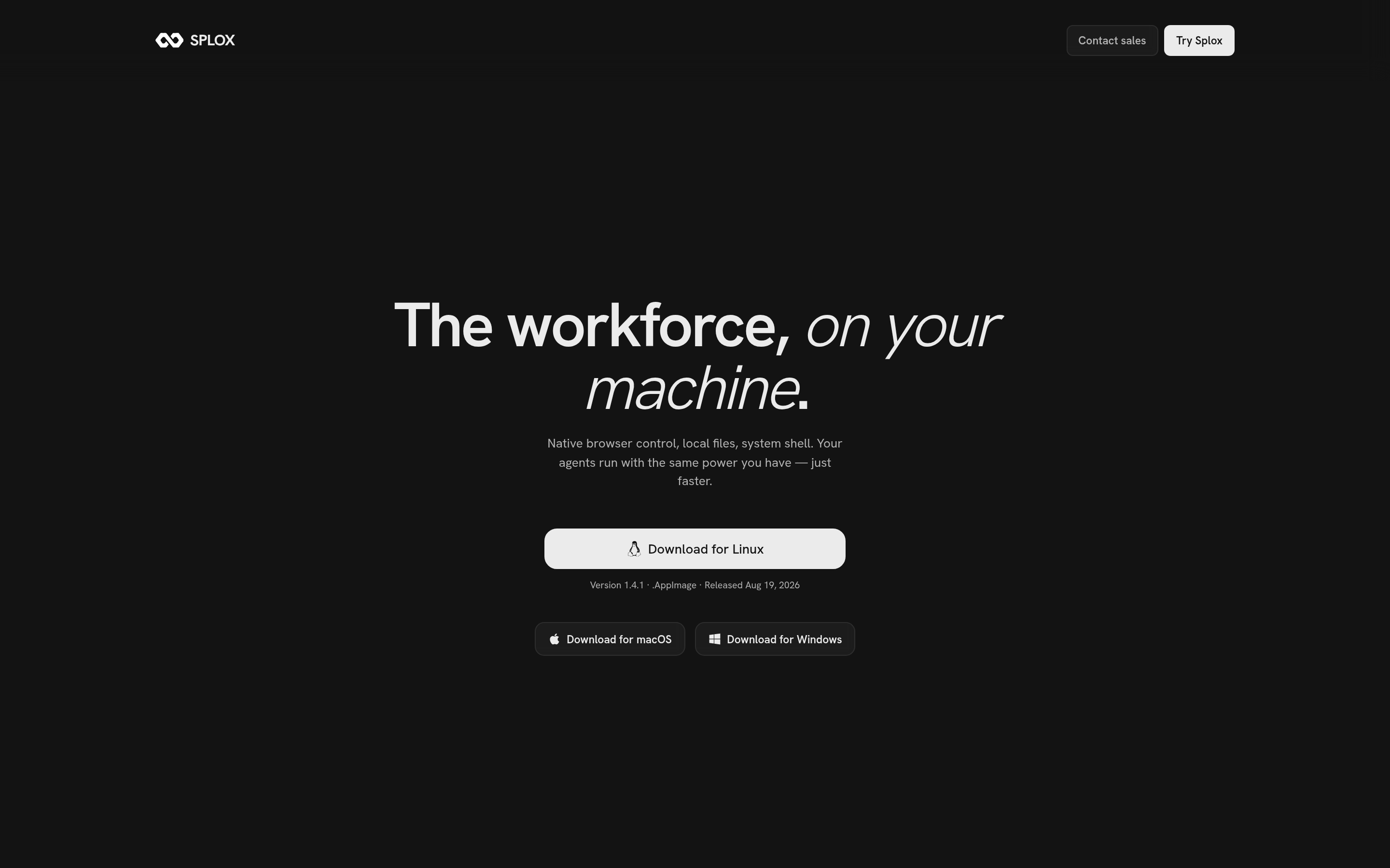 The Splox download page offering Linux, macOS and Windows builds