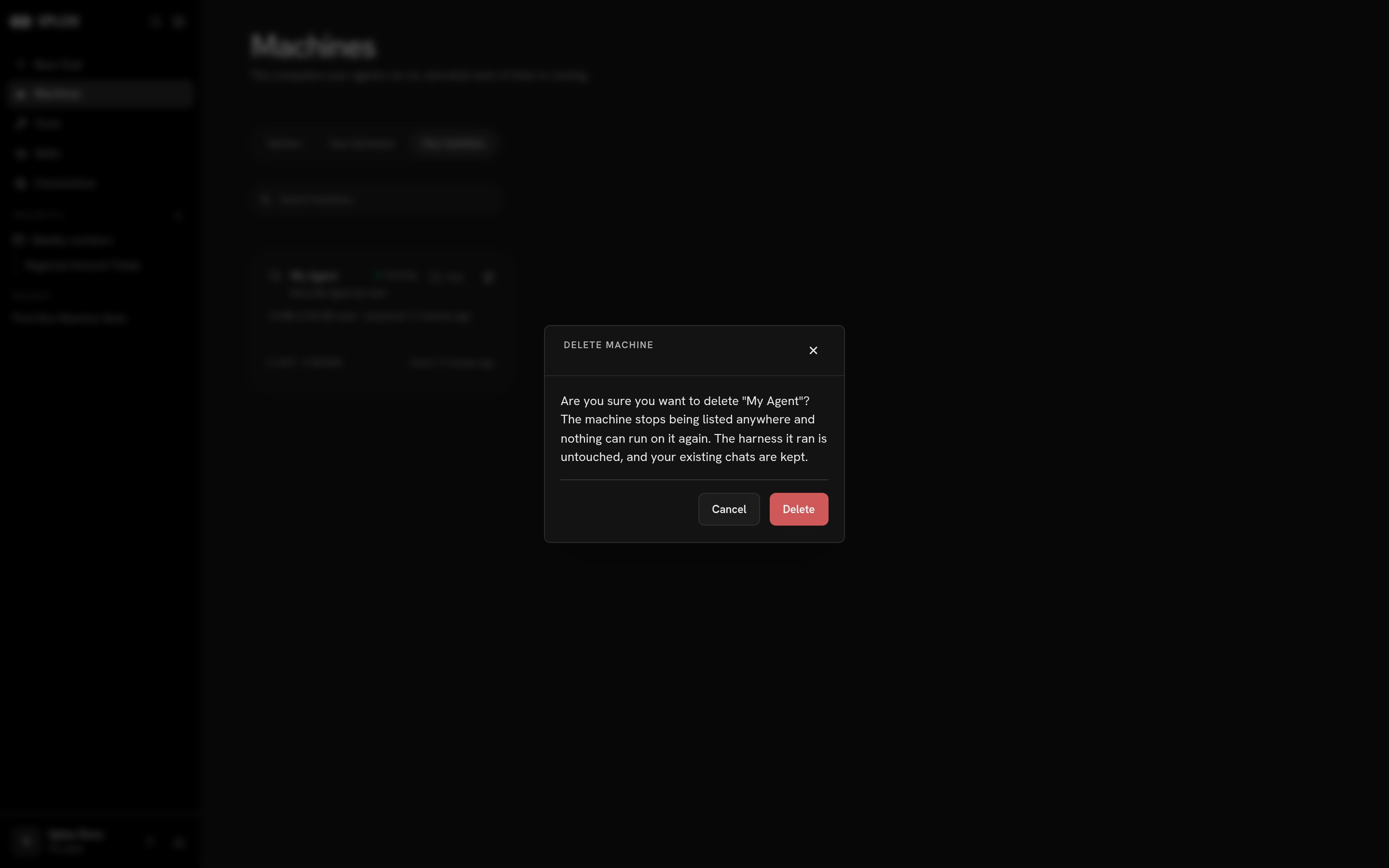 The delete machine confirmation
