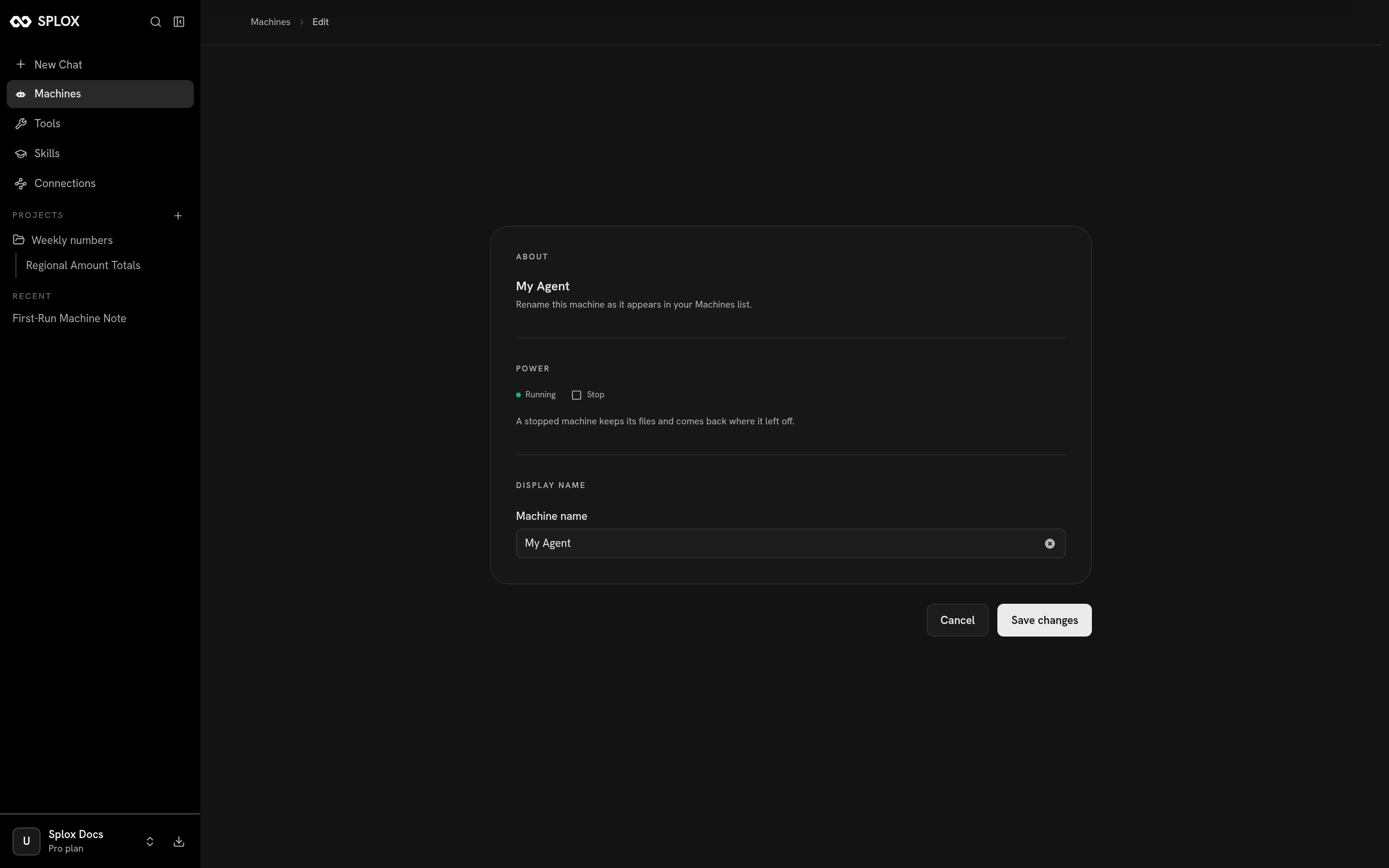 The machine page with the power and display name sections