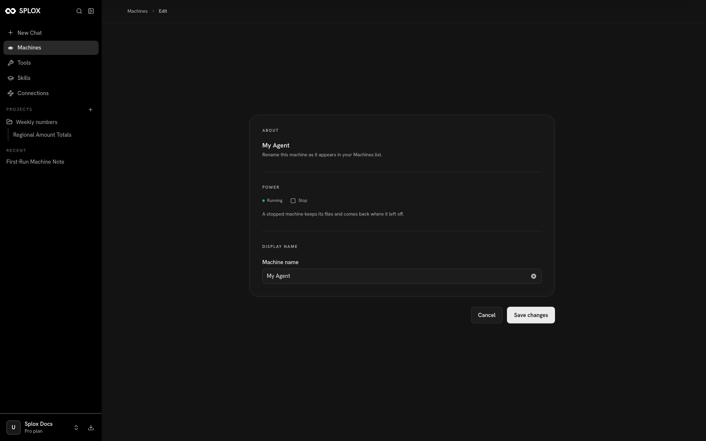 The machine page with the power and display name sections