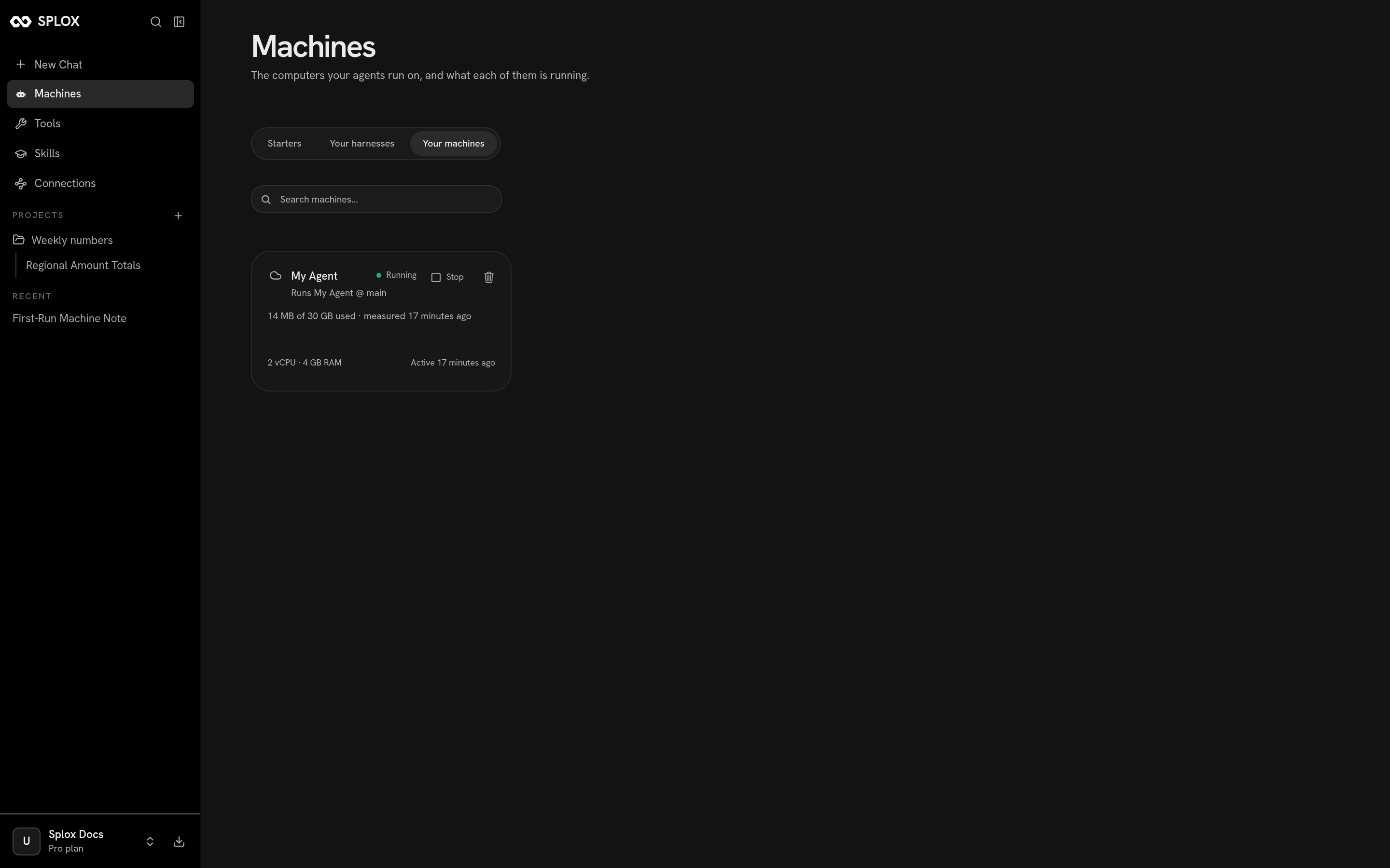 The Machines page with one running machine