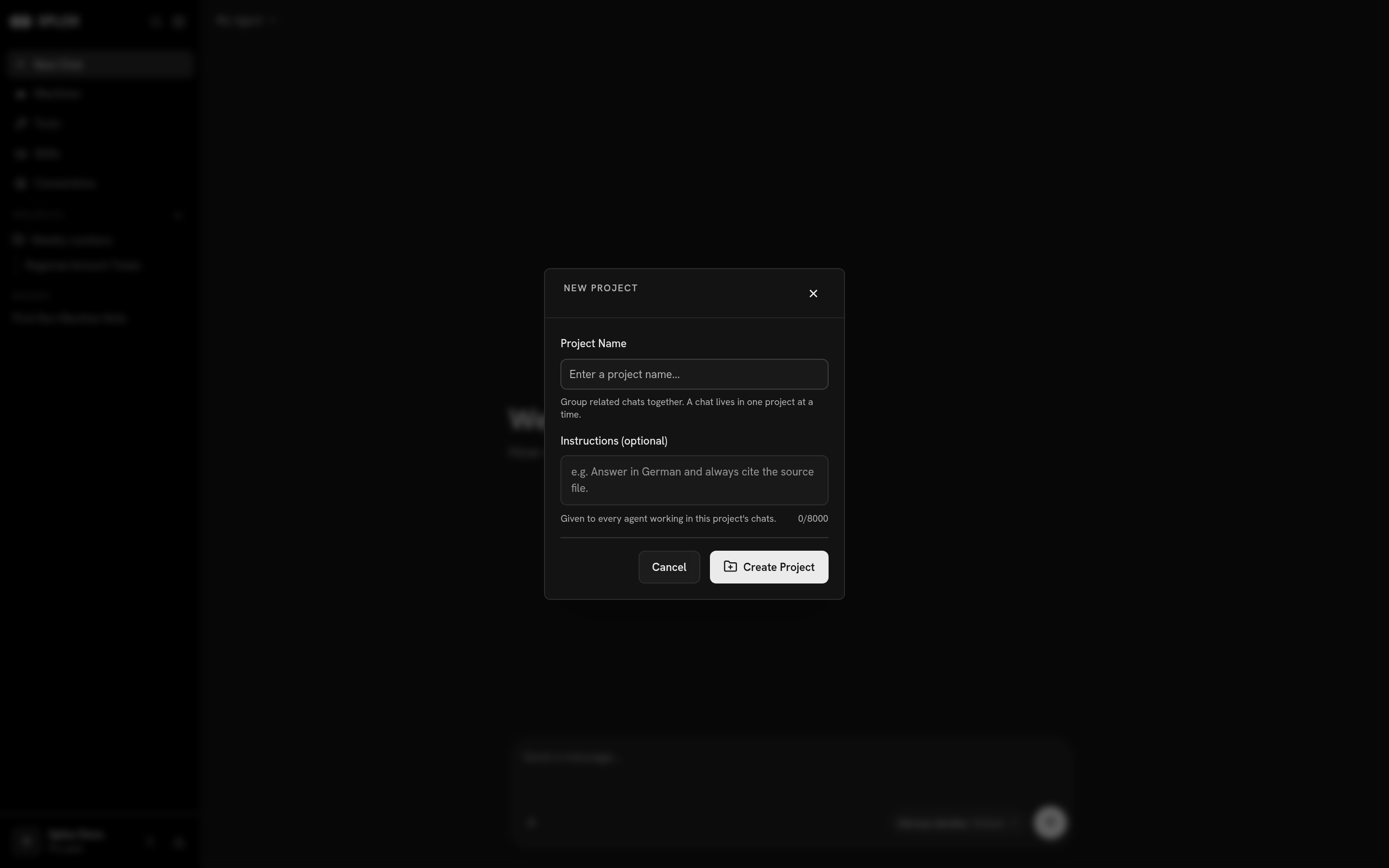 The New project dialog with a name field and an instructions field