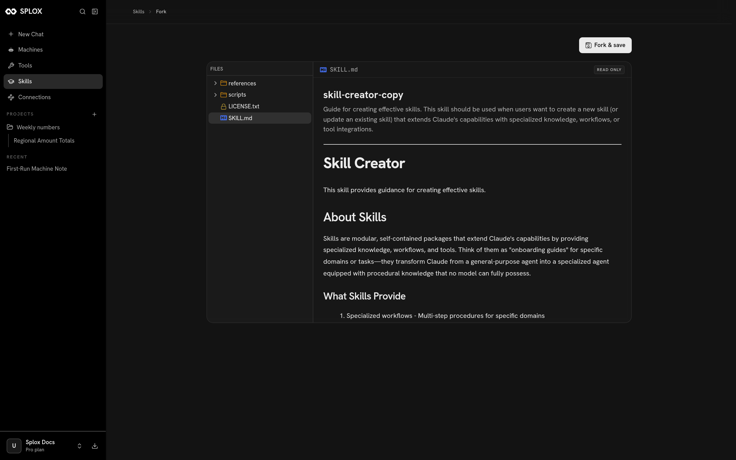 A catalog skill open in the read-only viewer with a Fork and save button