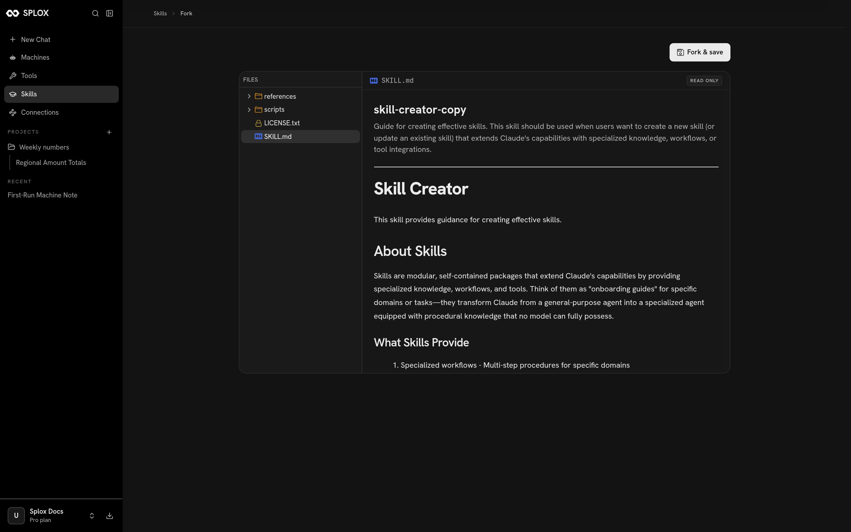 A catalog skill open in the read-only viewer with a Fork and save button