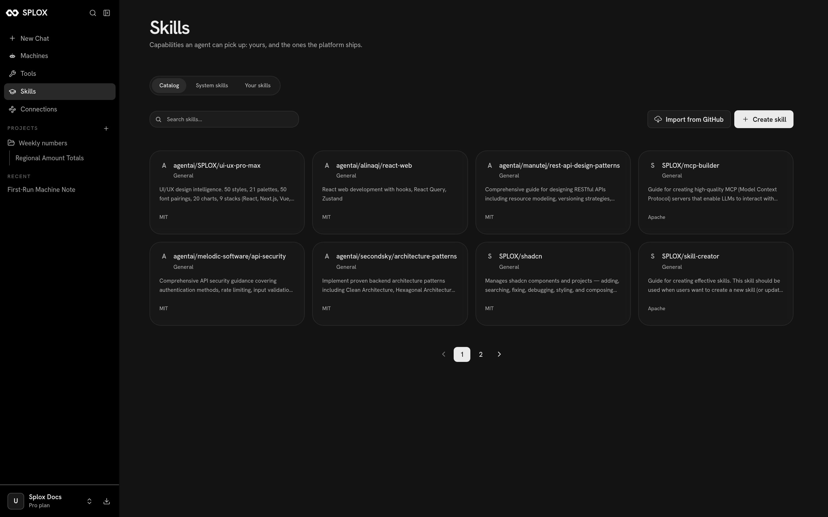 The Skills catalog with community and Splox skills