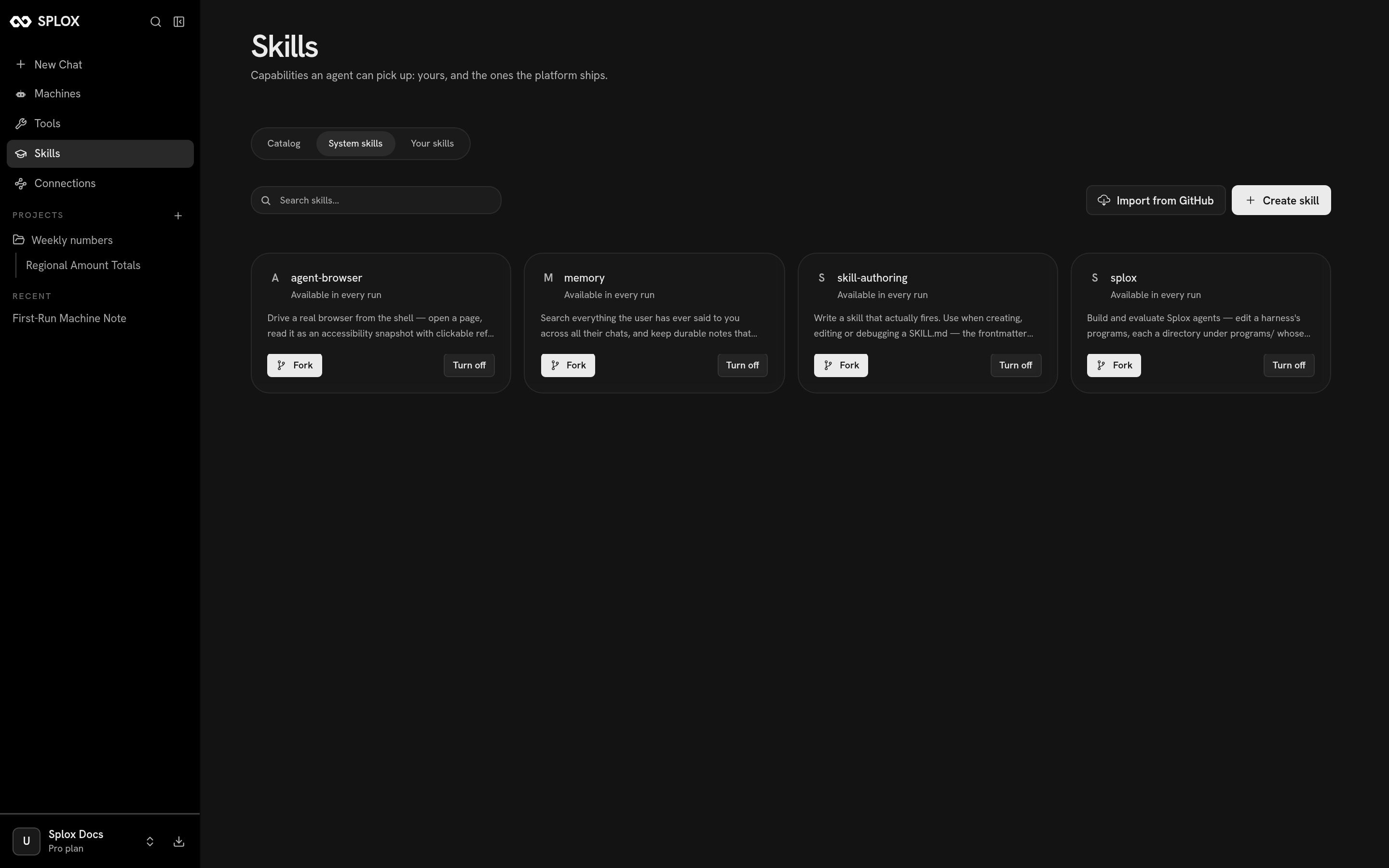 The System skills tab listing agent-browser, memory, skill-authoring and splox