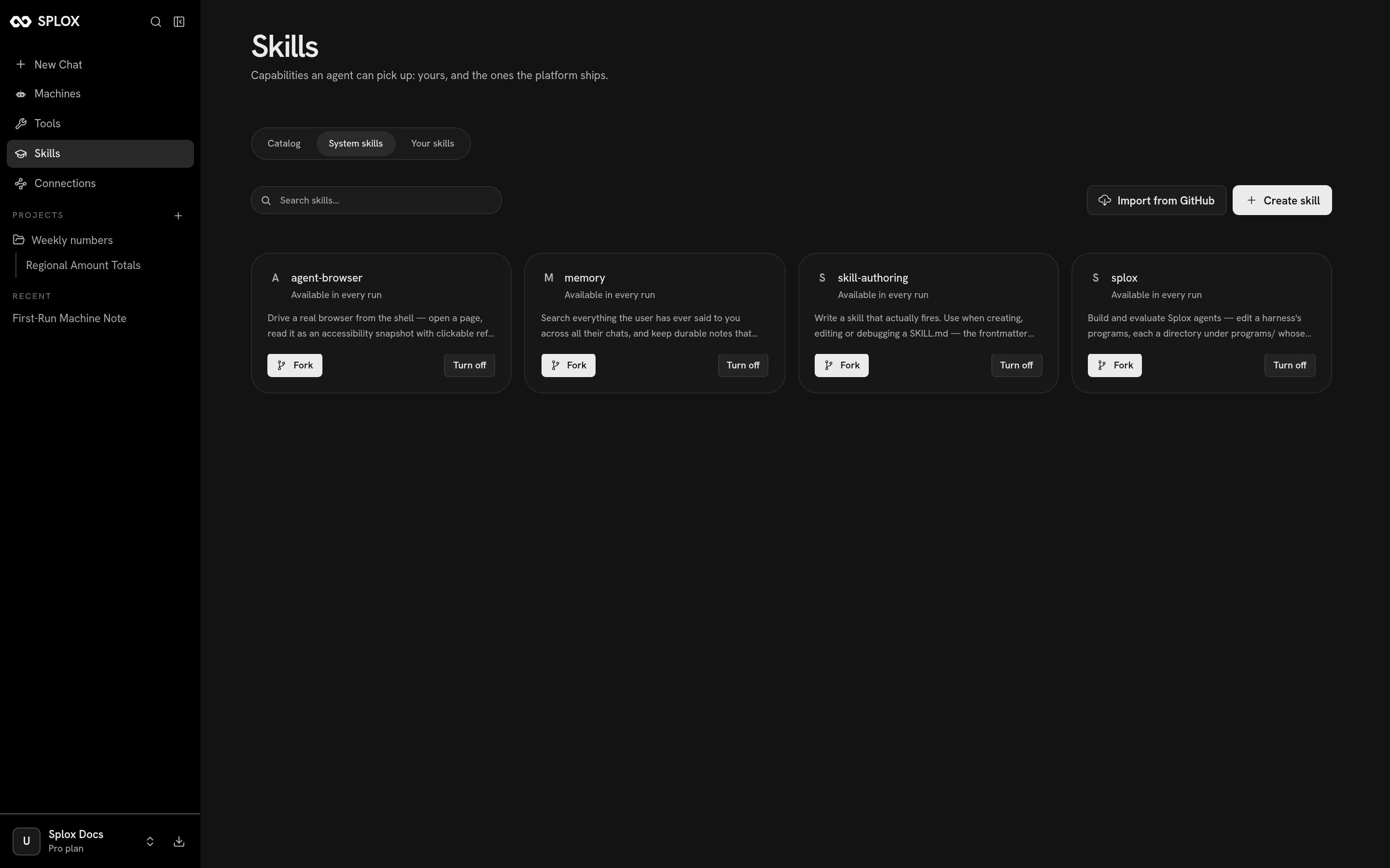 The System skills tab listing agent-browser, memory, skill-authoring and splox