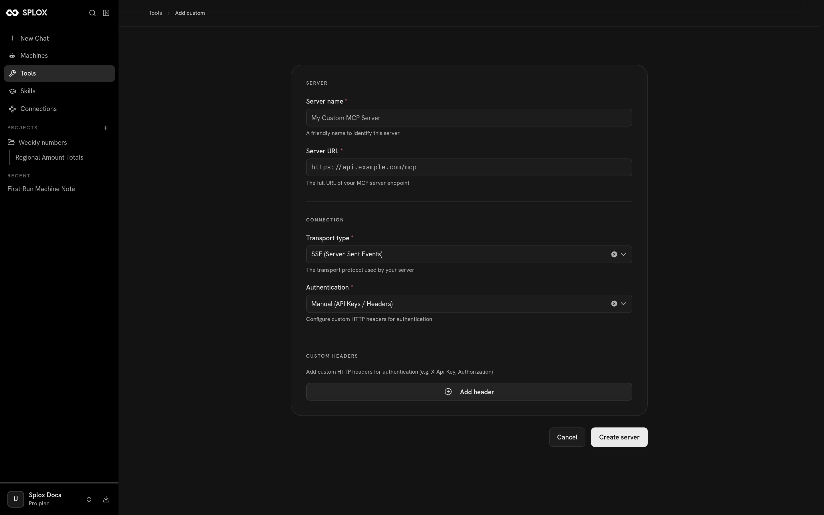 The custom MCP server form with URL, transport and headers