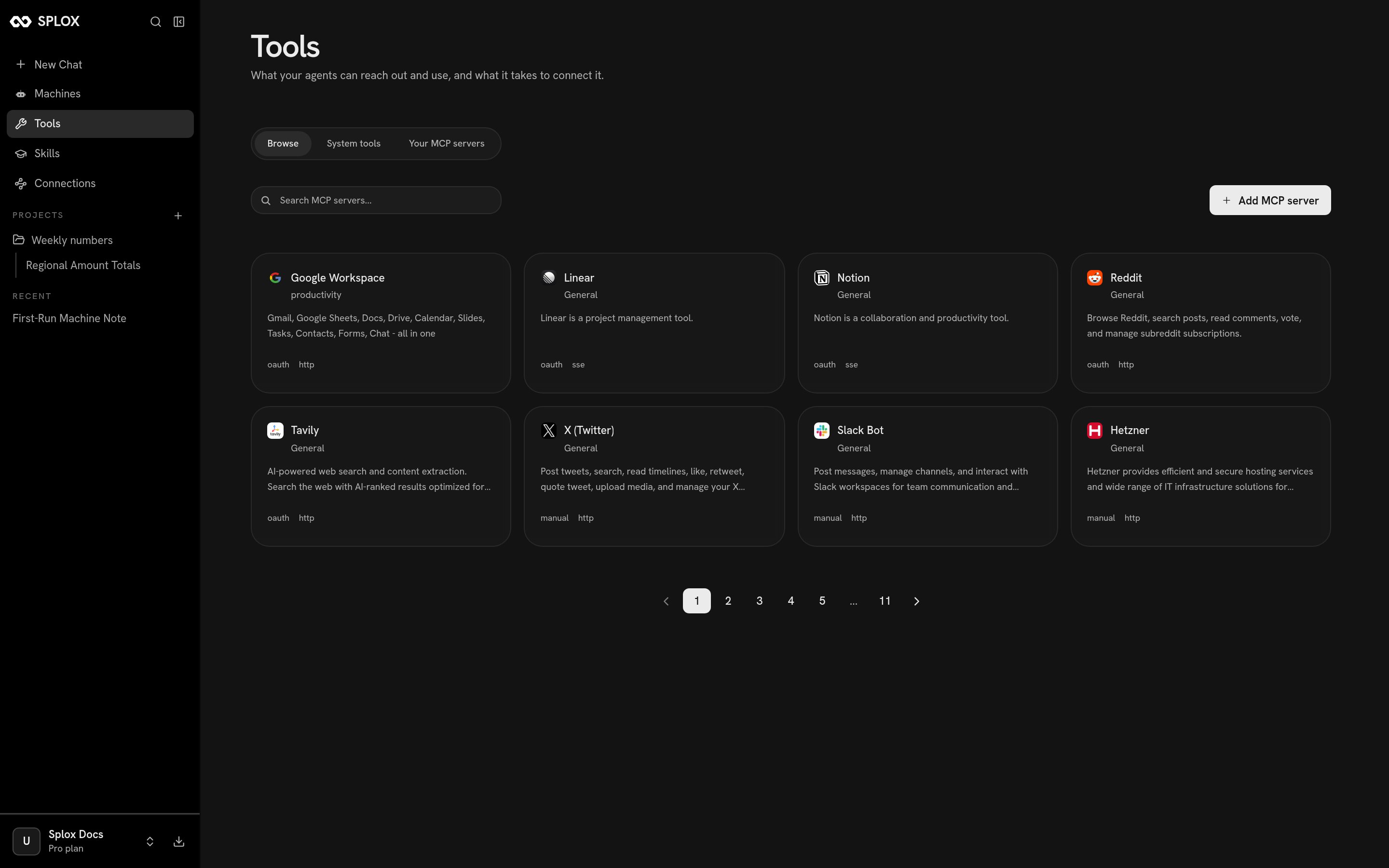 The Tools catalog with Google Workspace, Linear, Notion and others