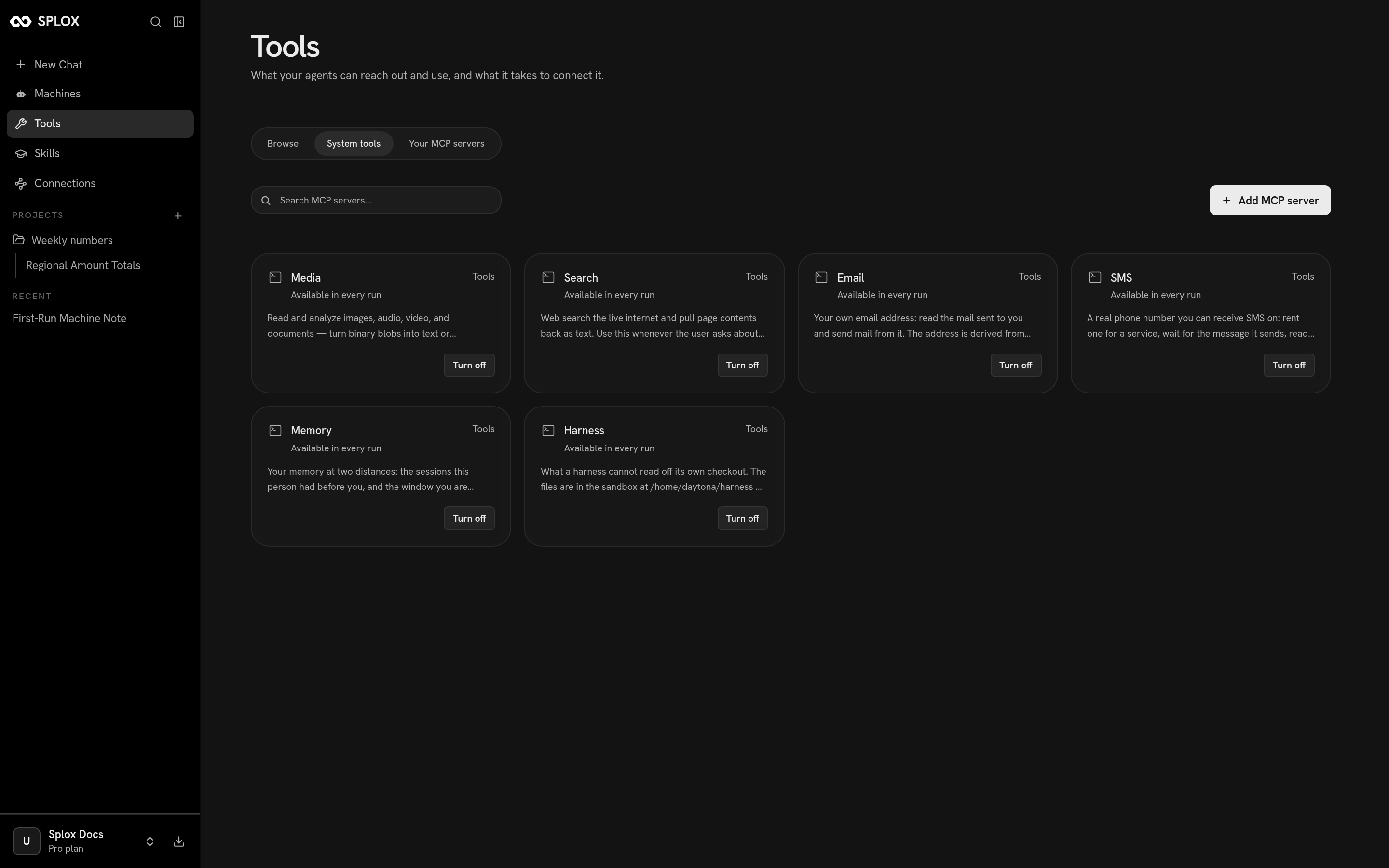 The System tools tab listing Media, Search, Email, SMS, Memory and Harness