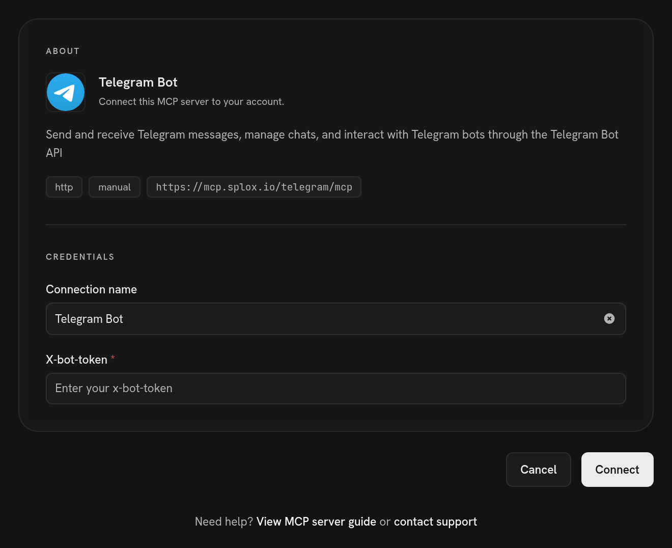 The Splox connect page for the Telegram Bot MCP server, asking for X-bot-token
