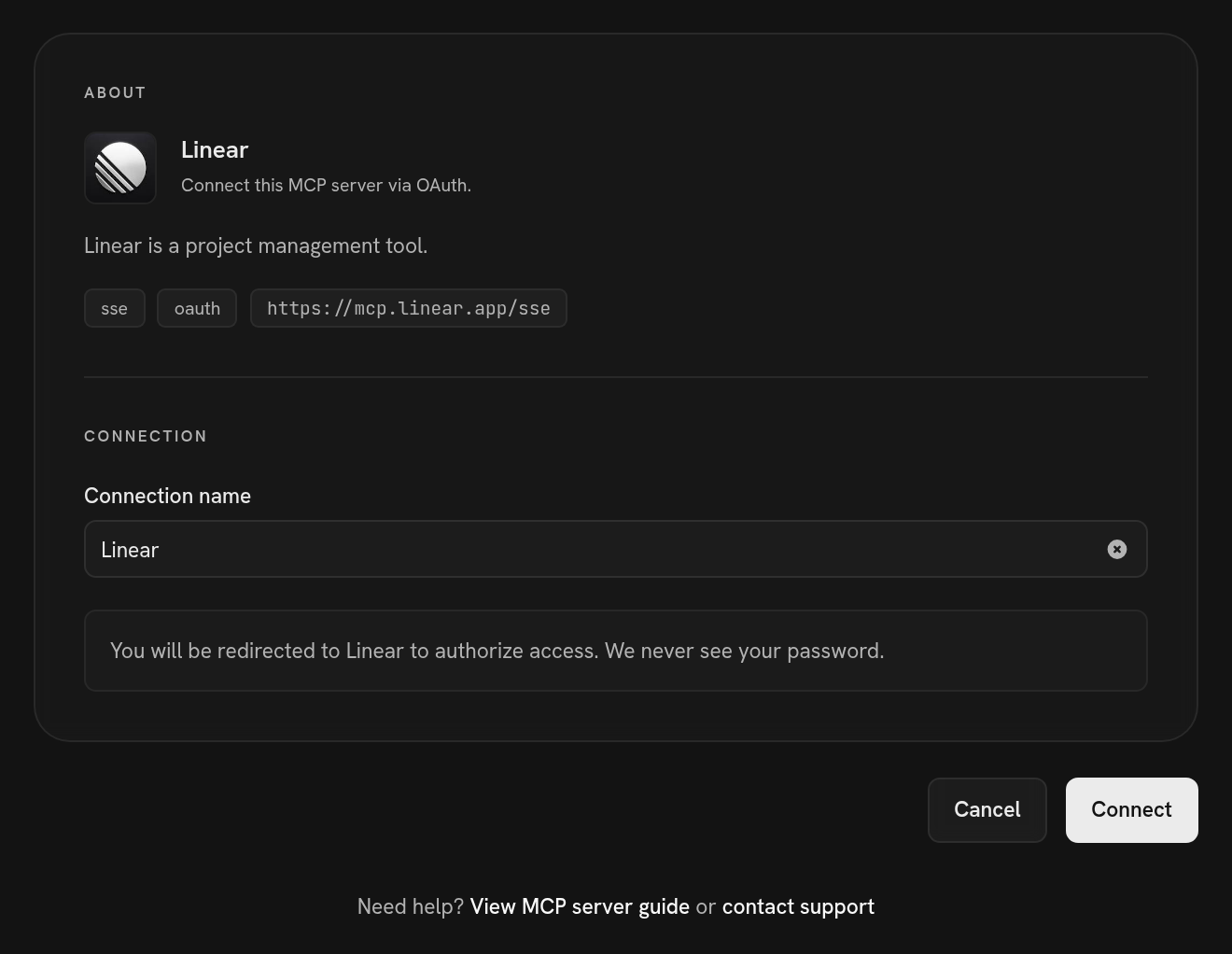 The Splox connect page for the Linear MCP server