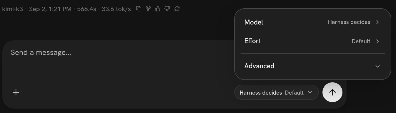The Splox model picker open over the composer, showing Model, Effort and Advanced