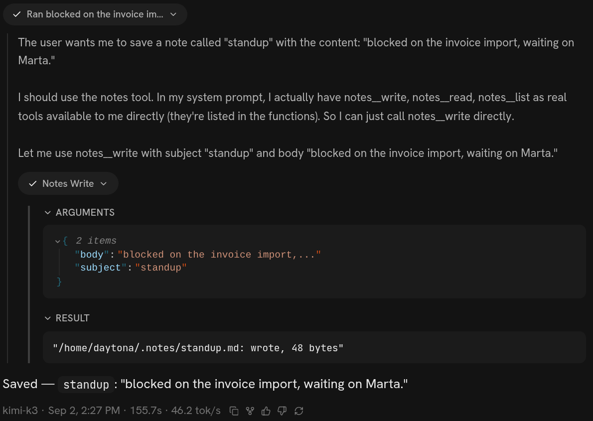 A Splox turn showing a Notes Write tool call with its arguments and result