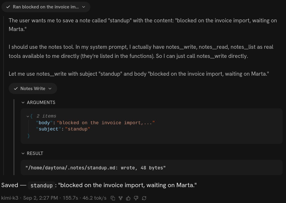 A Splox turn showing a Notes Write tool call with its arguments and result