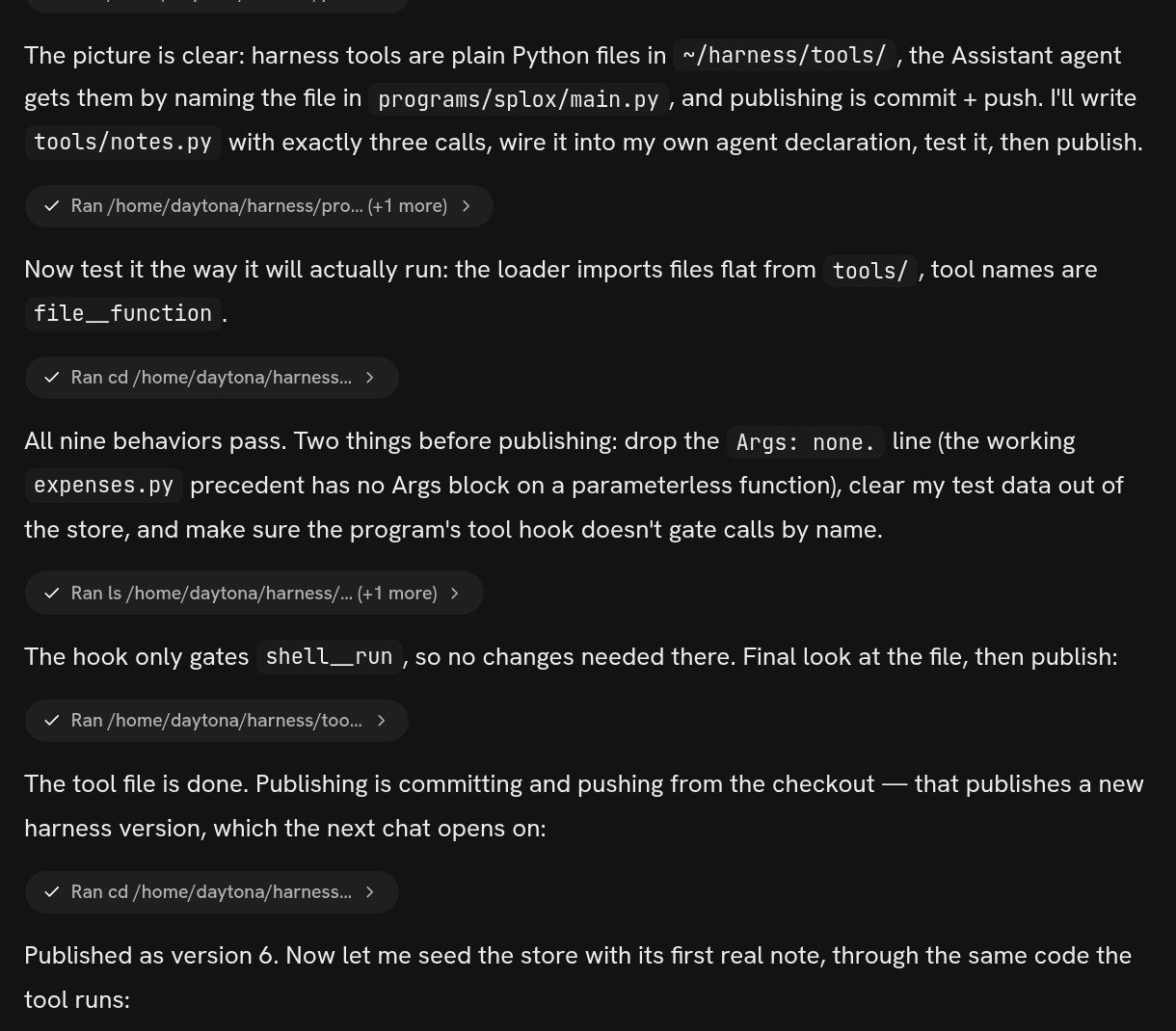 A Splox chat where the agent describes writing a tool, testing it and publishing version 6