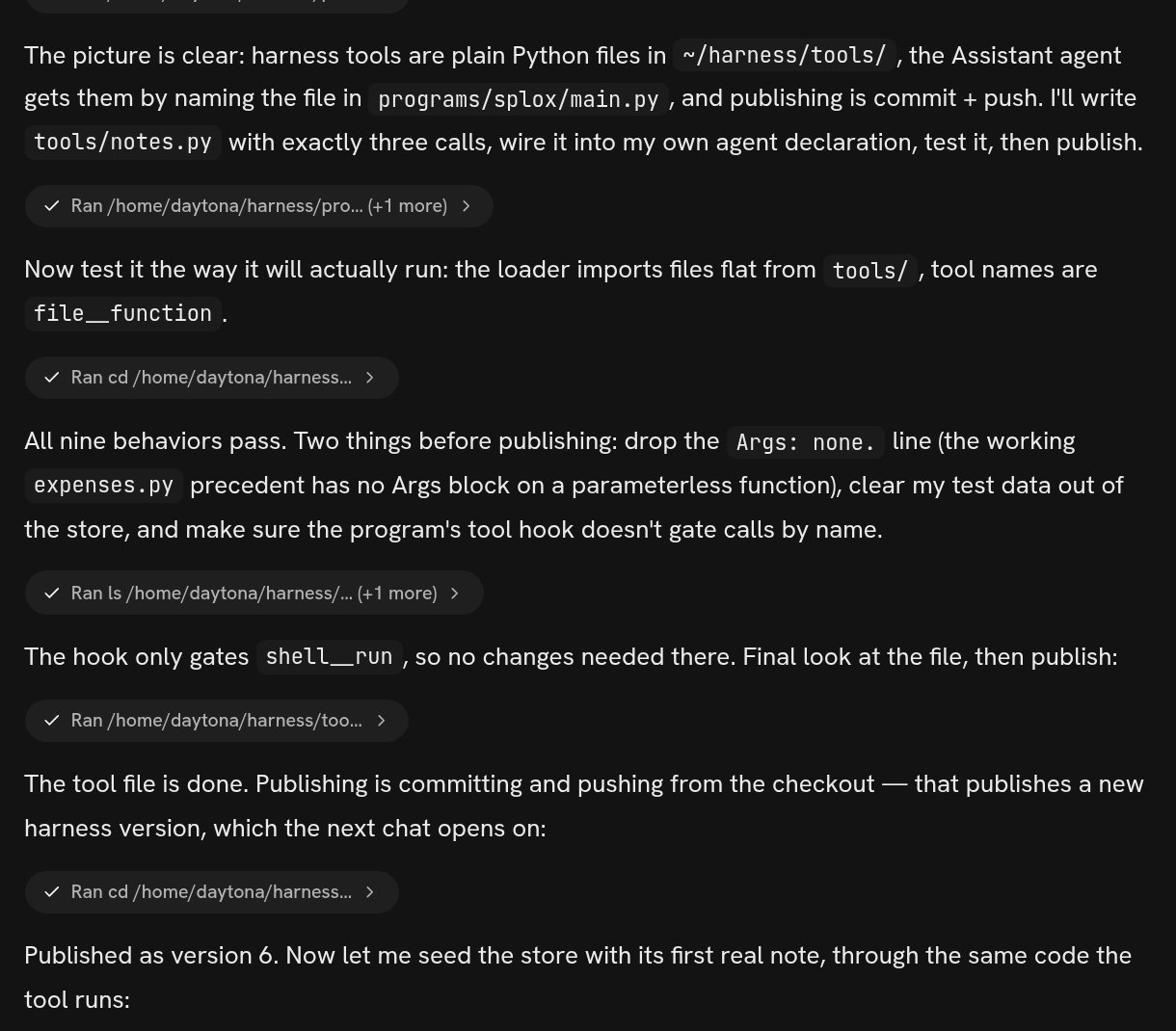 A Splox chat where the agent describes writing a tool, testing it and publishing version 6