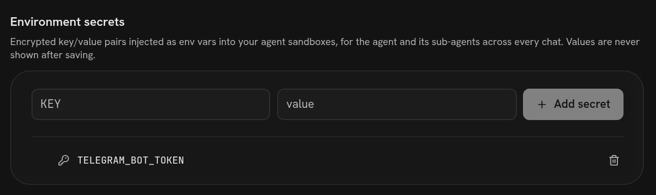 The Environment secrets card on the Splox Connections screen, holding TELEGRAM_BOT_TOKEN