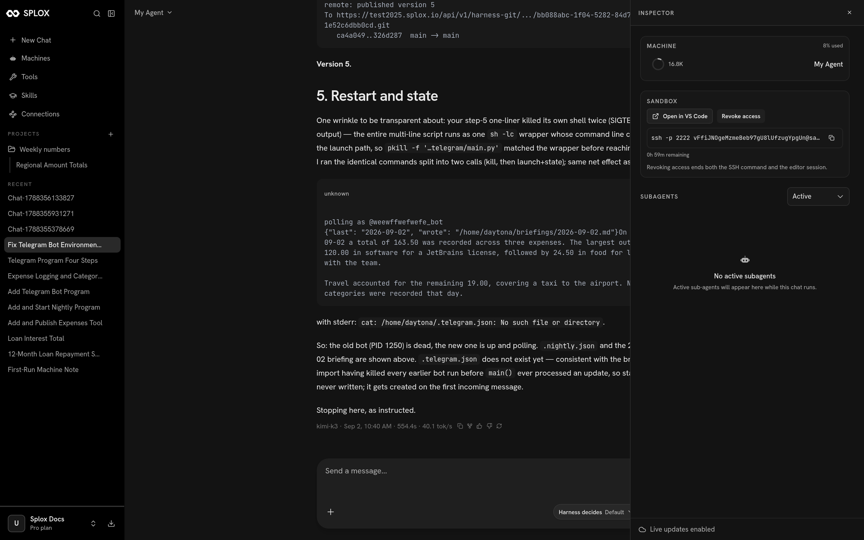 A Splox chat with the inspector panel open on the right
