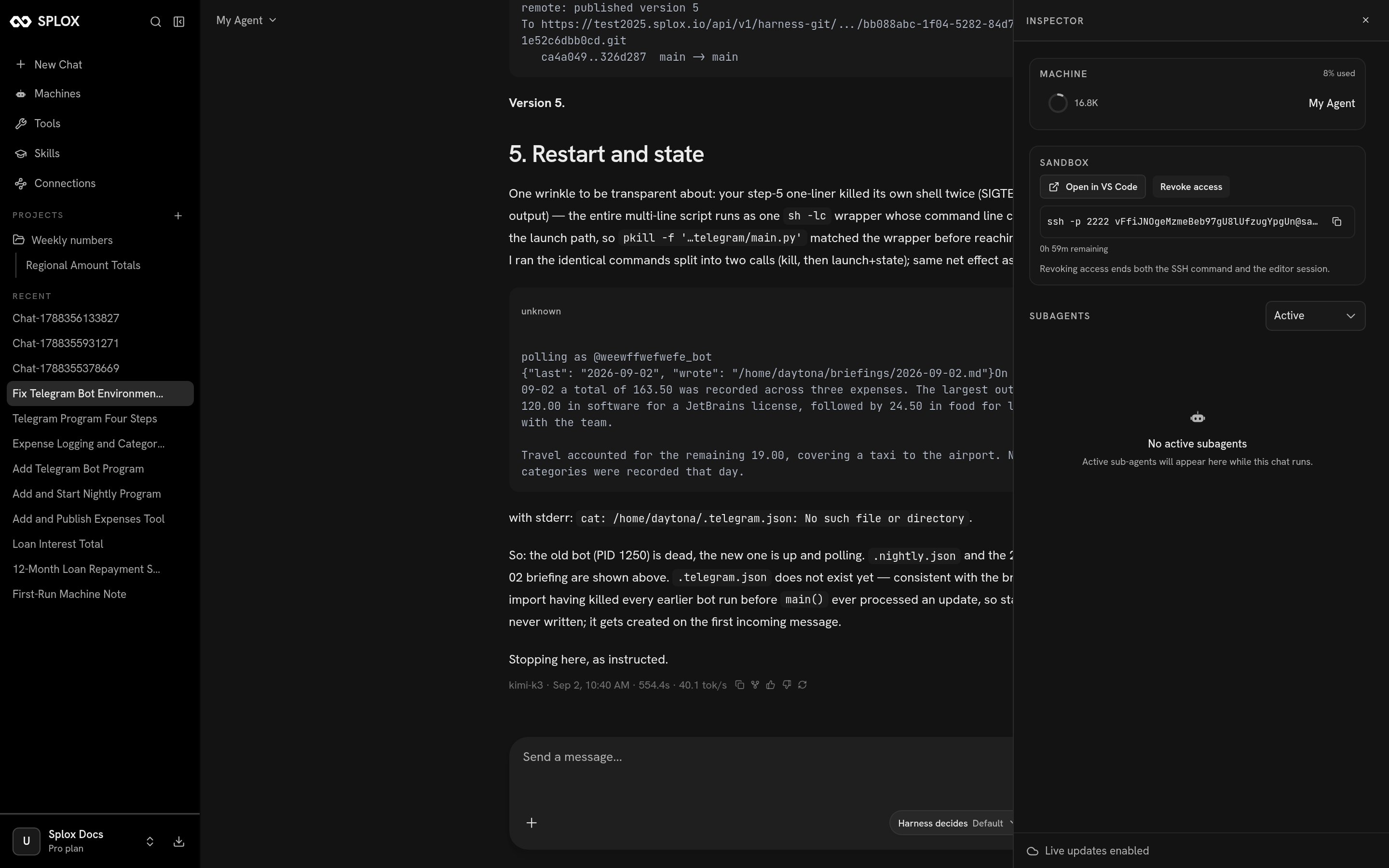 A Splox chat with the inspector panel open on the right