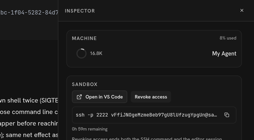 The Sandbox card showing Open in VS Code, the SSH command and Revoke access