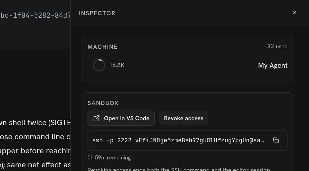 The Sandbox card showing Open in VS Code, the SSH command and Revoke access