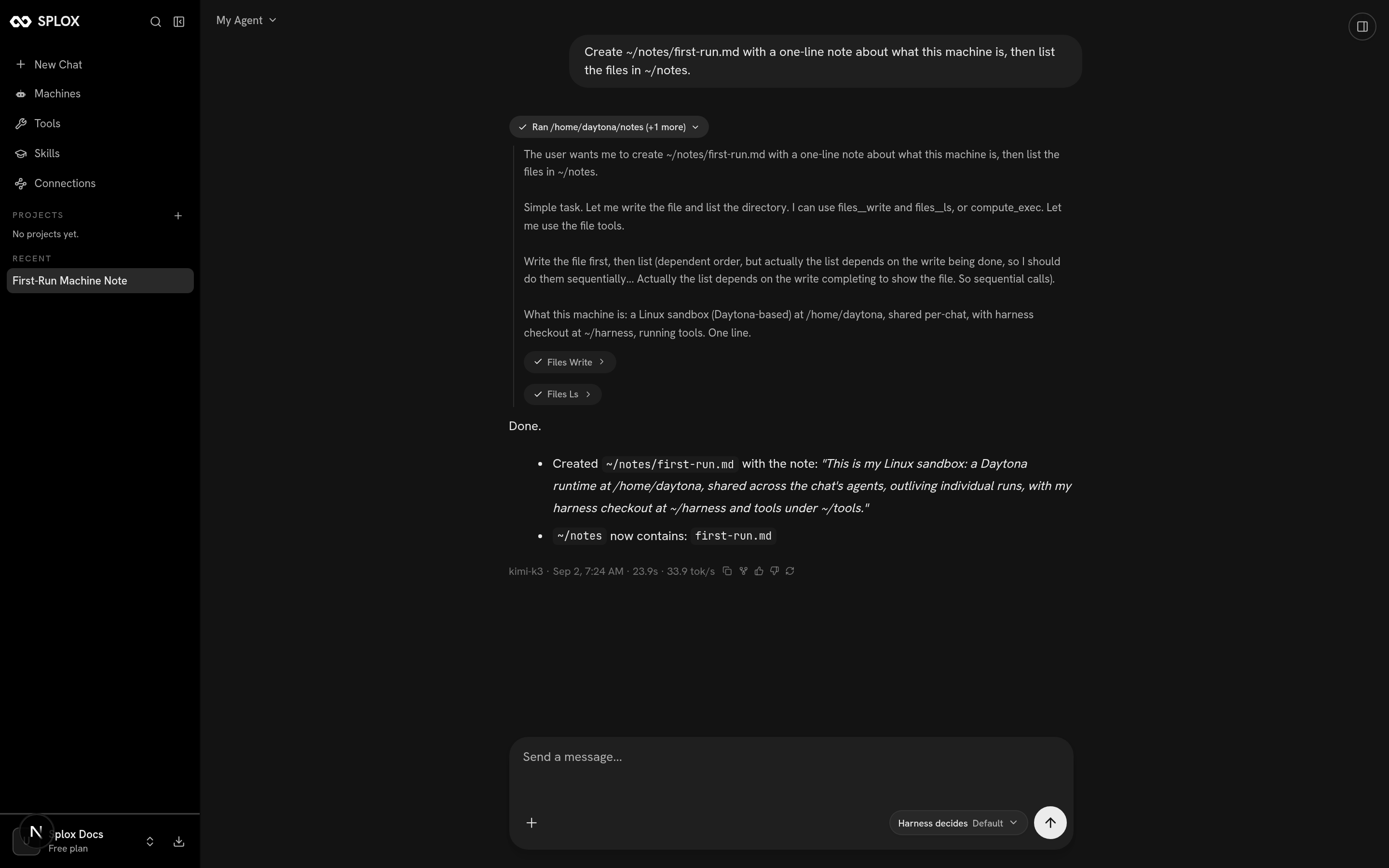 A Splox chat with the tool calls of a turn expanded