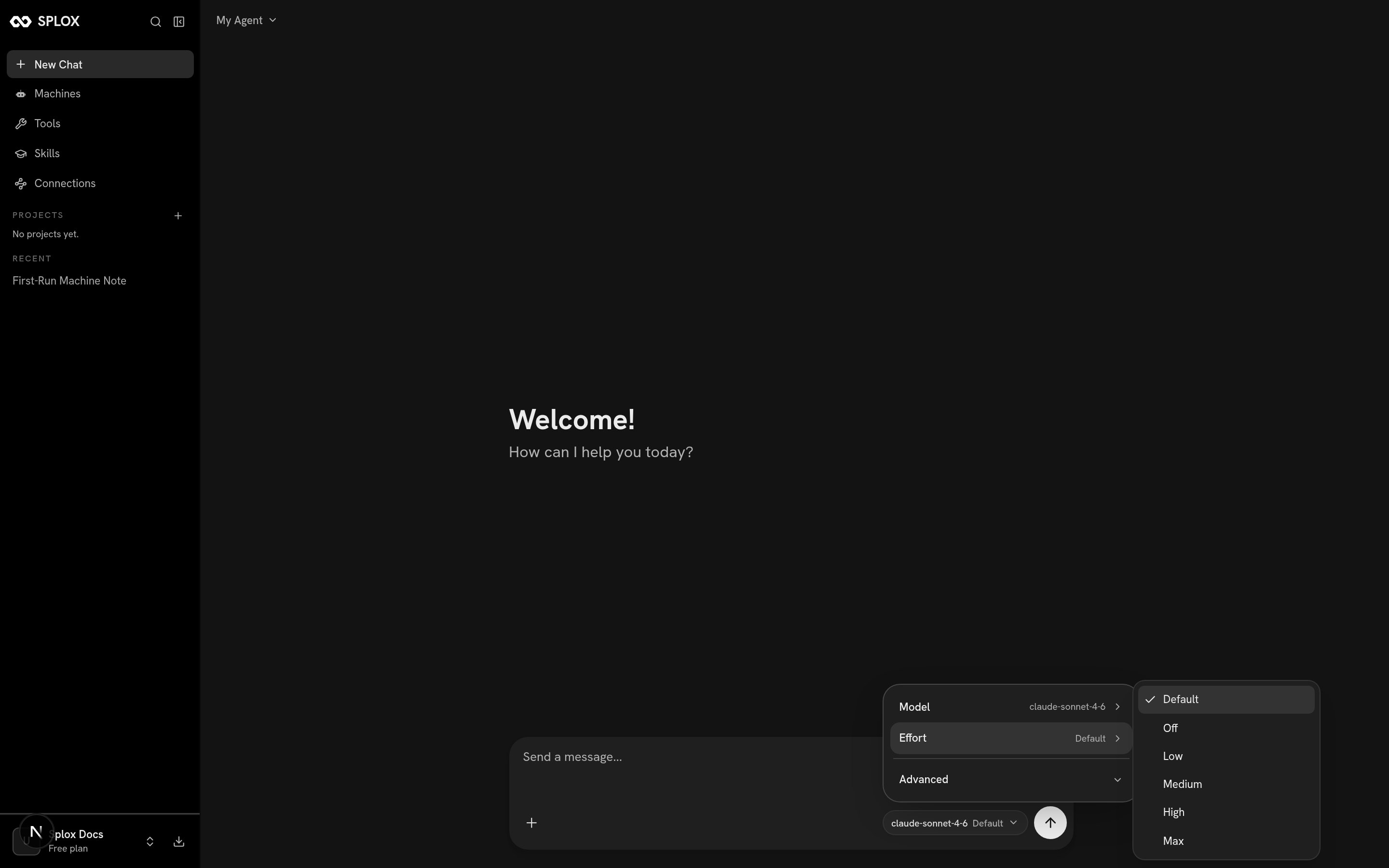 The Splox effort menu showing Default, Off, Low, Medium, High, Max