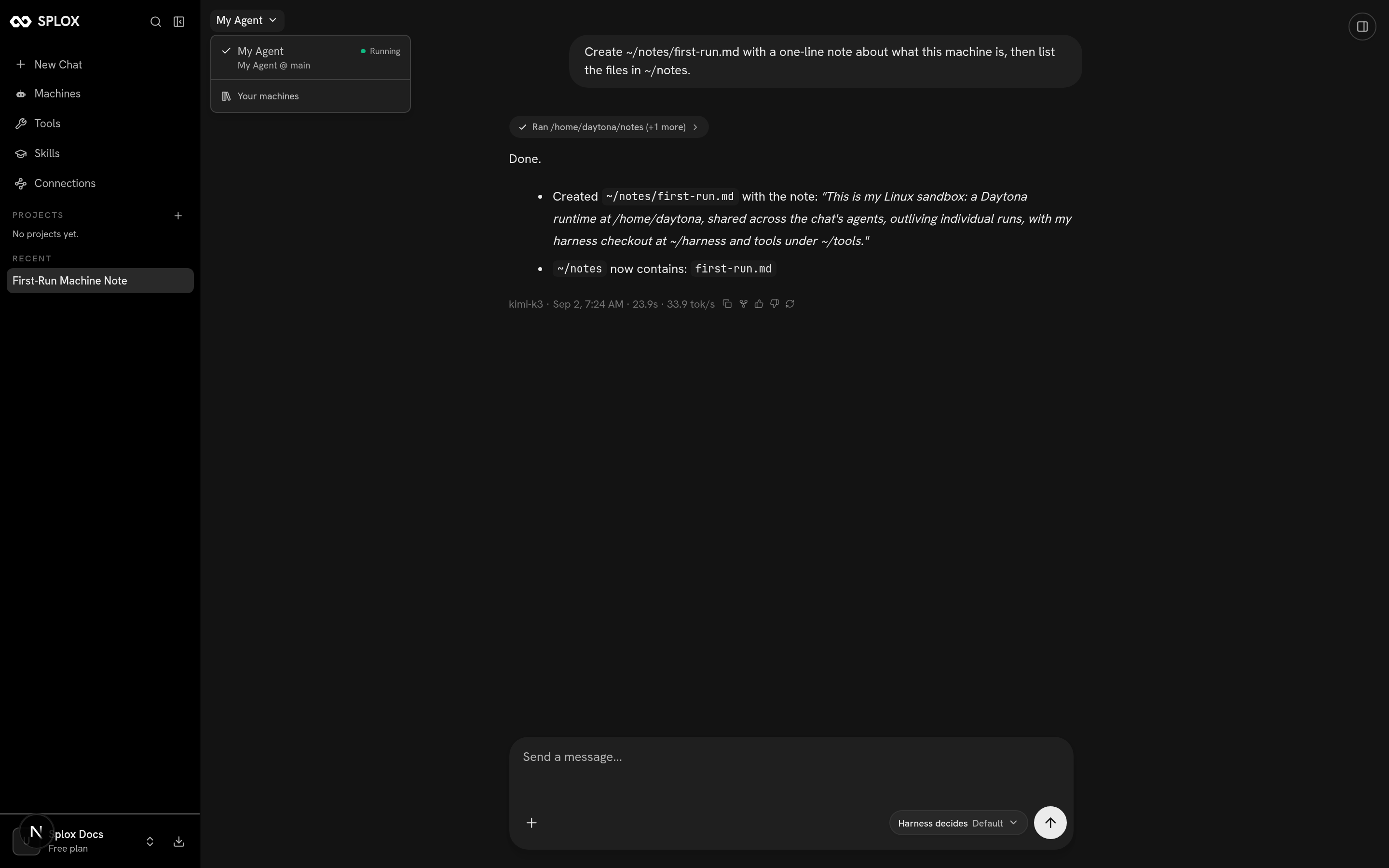 The machine picker open in a Splox chat