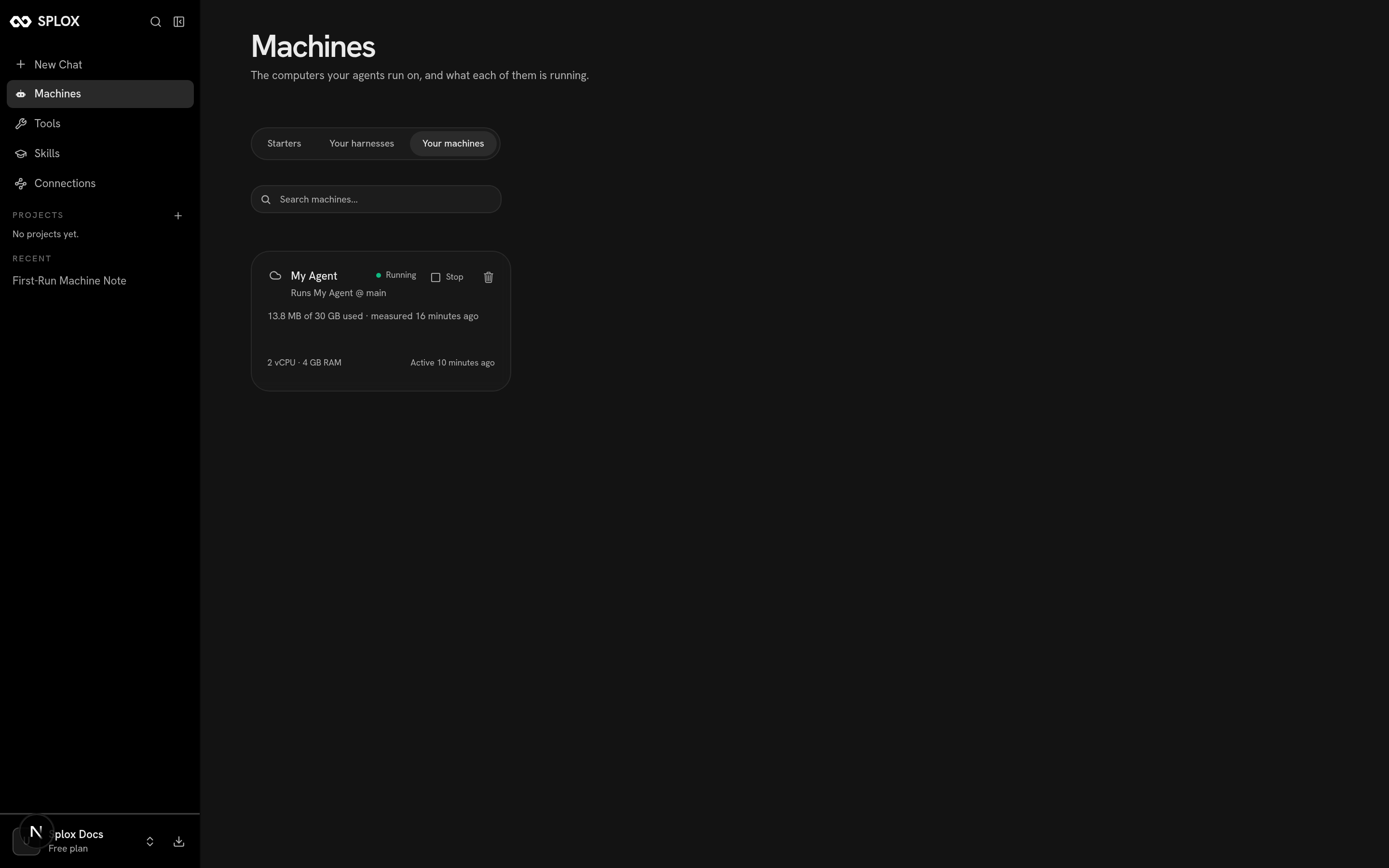 The Machines page showing one running machine