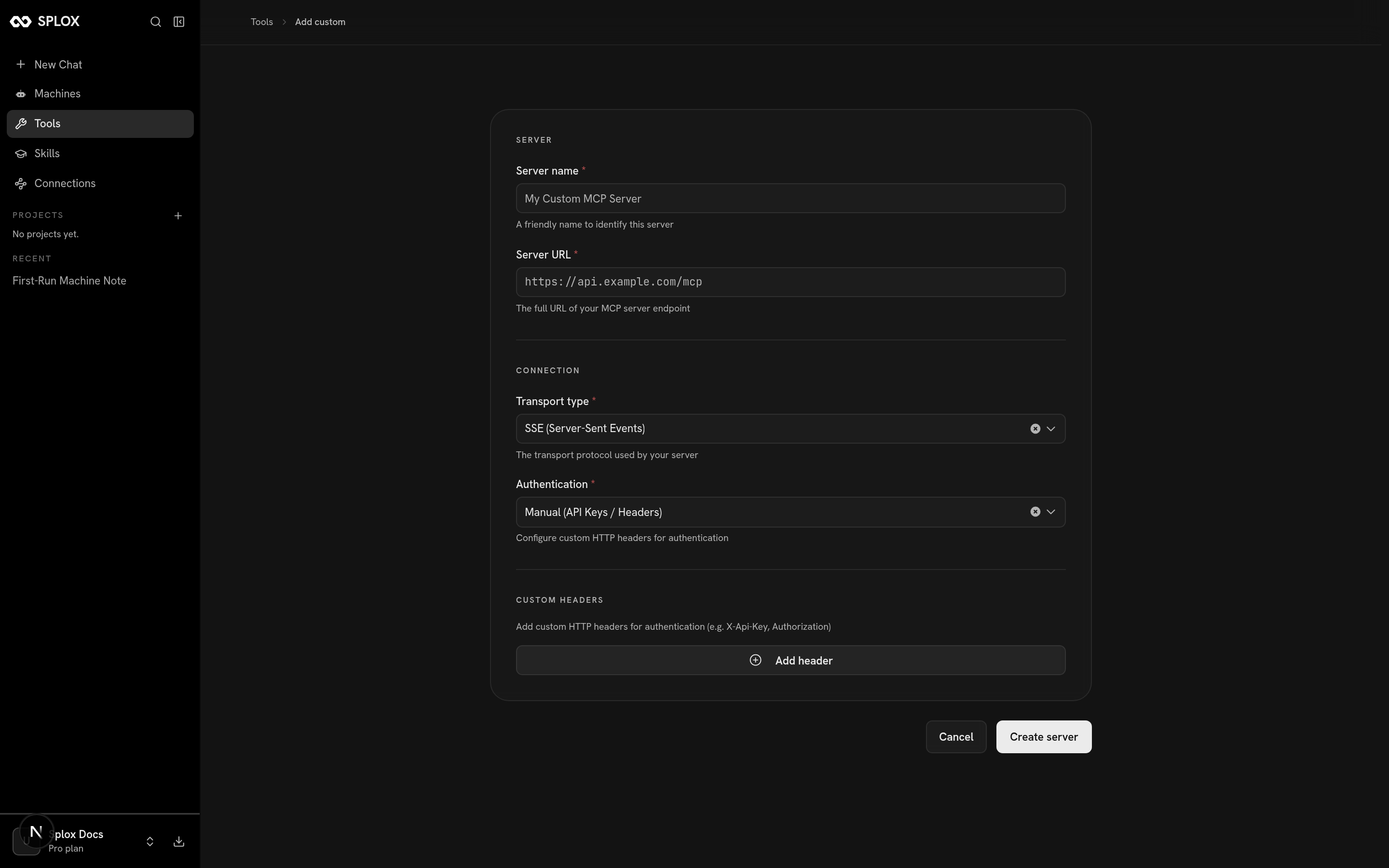 The Add custom MCP server form