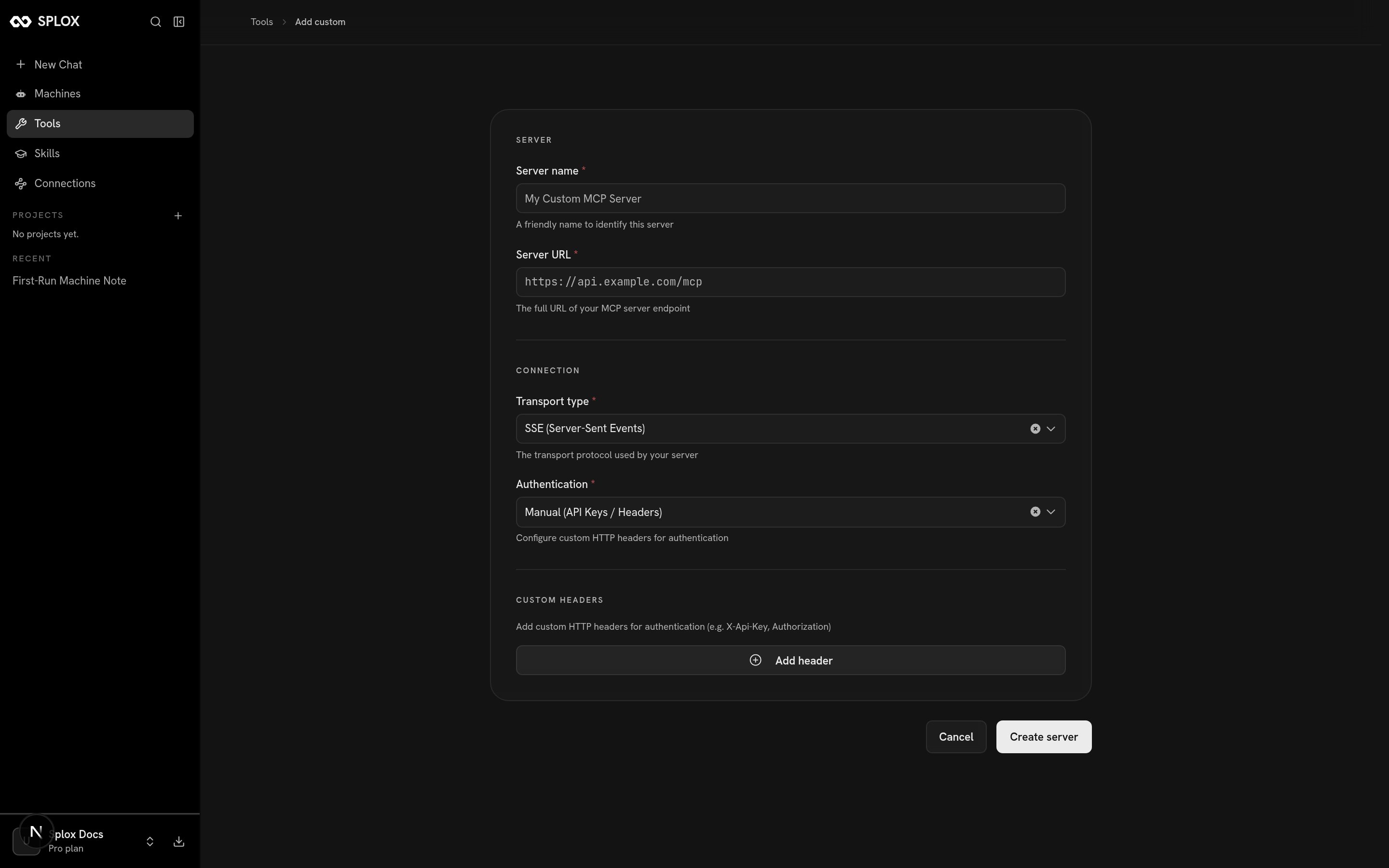 The Add custom MCP server form