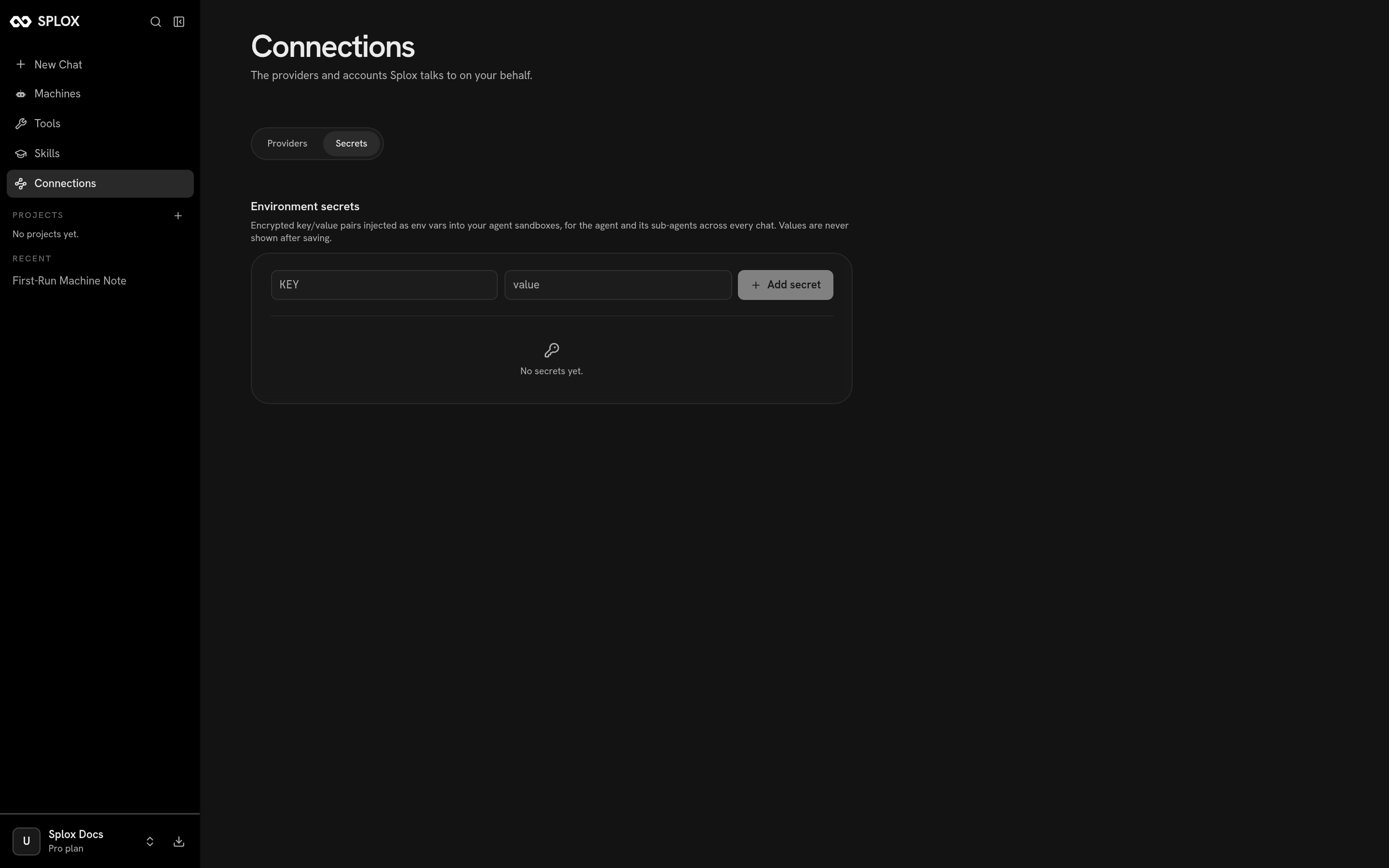 The Secrets tab of the Splox Connections screen
