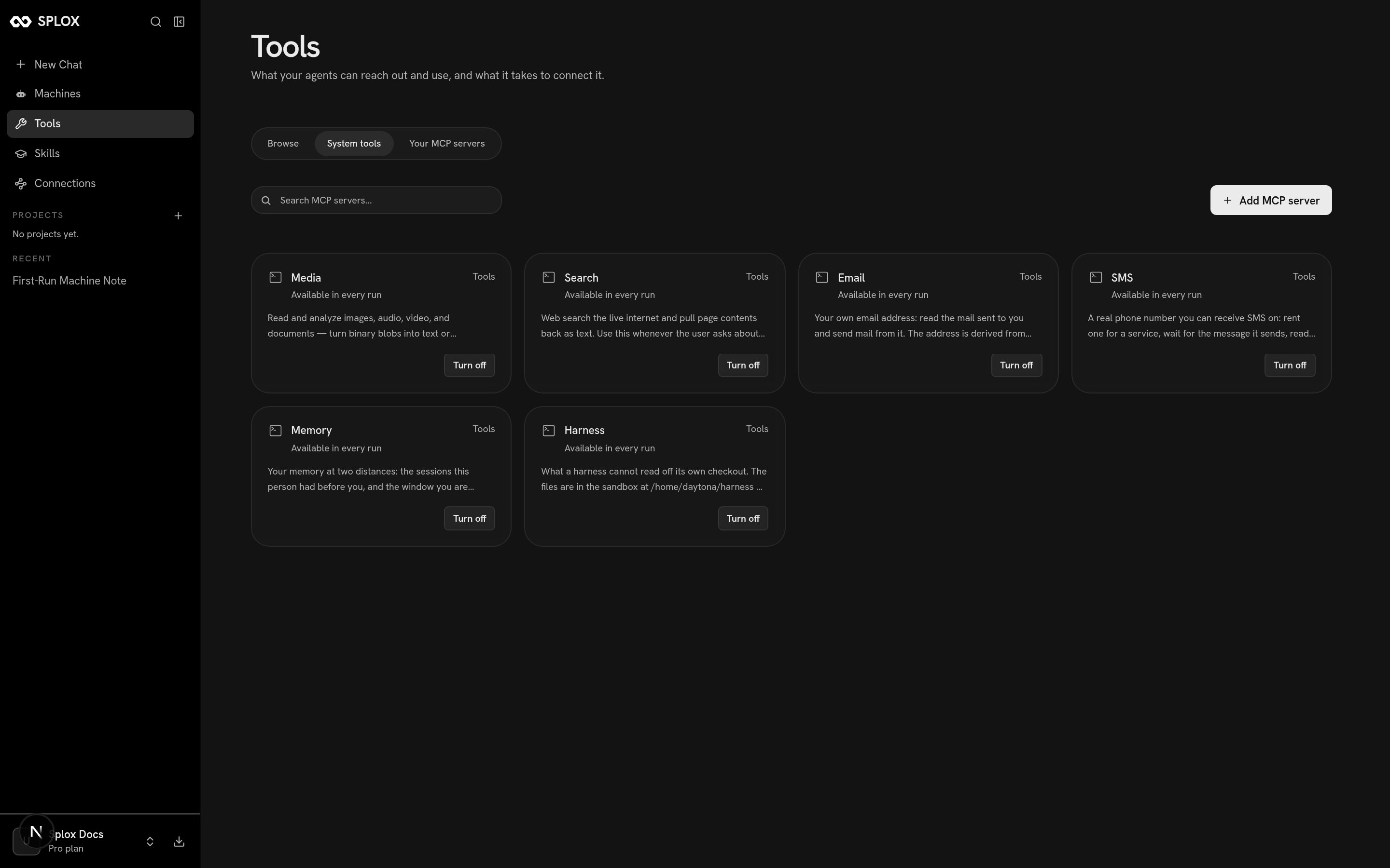 The System tools tab of the Splox Tools screen