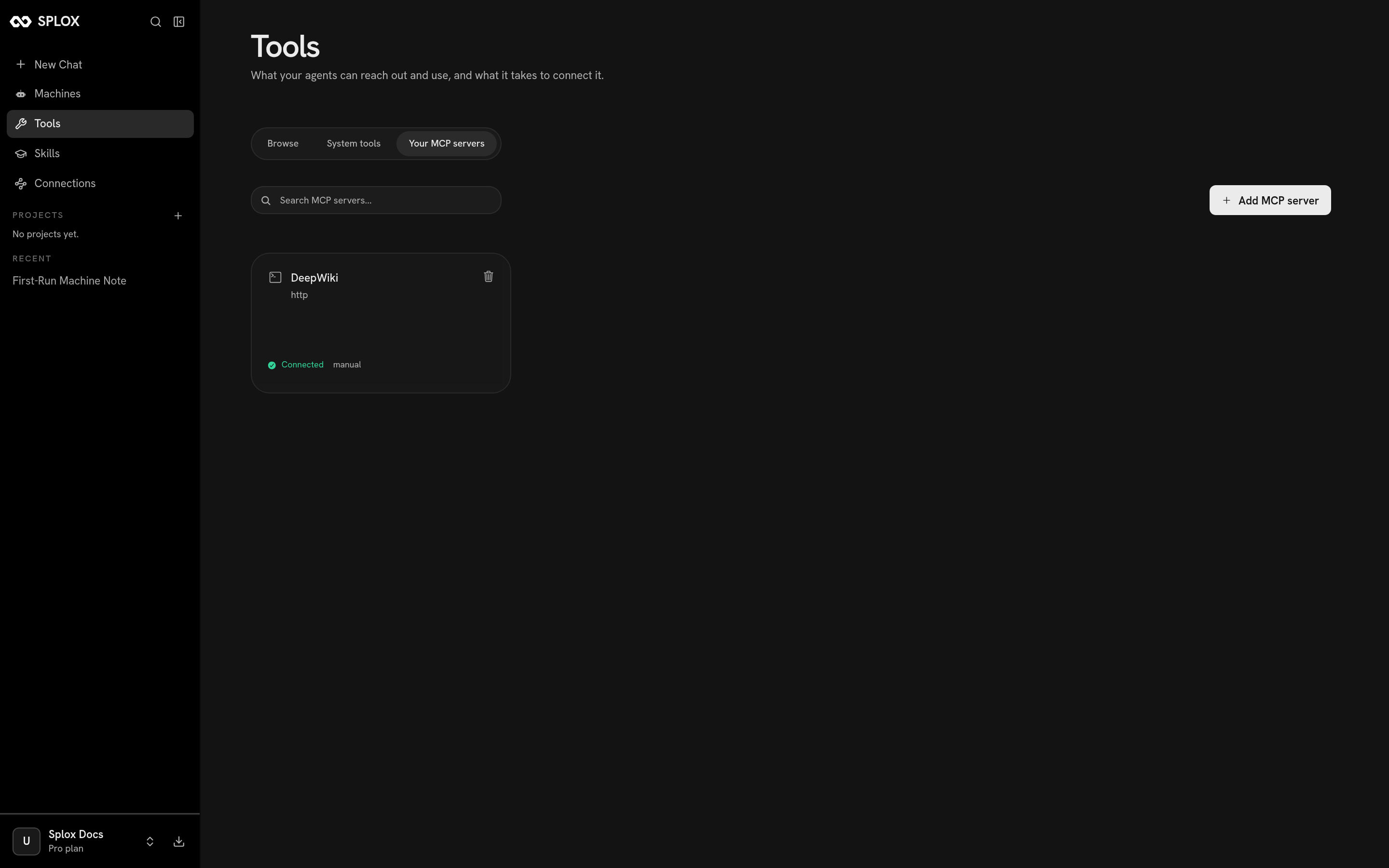 The Your MCP servers tab with one connected server