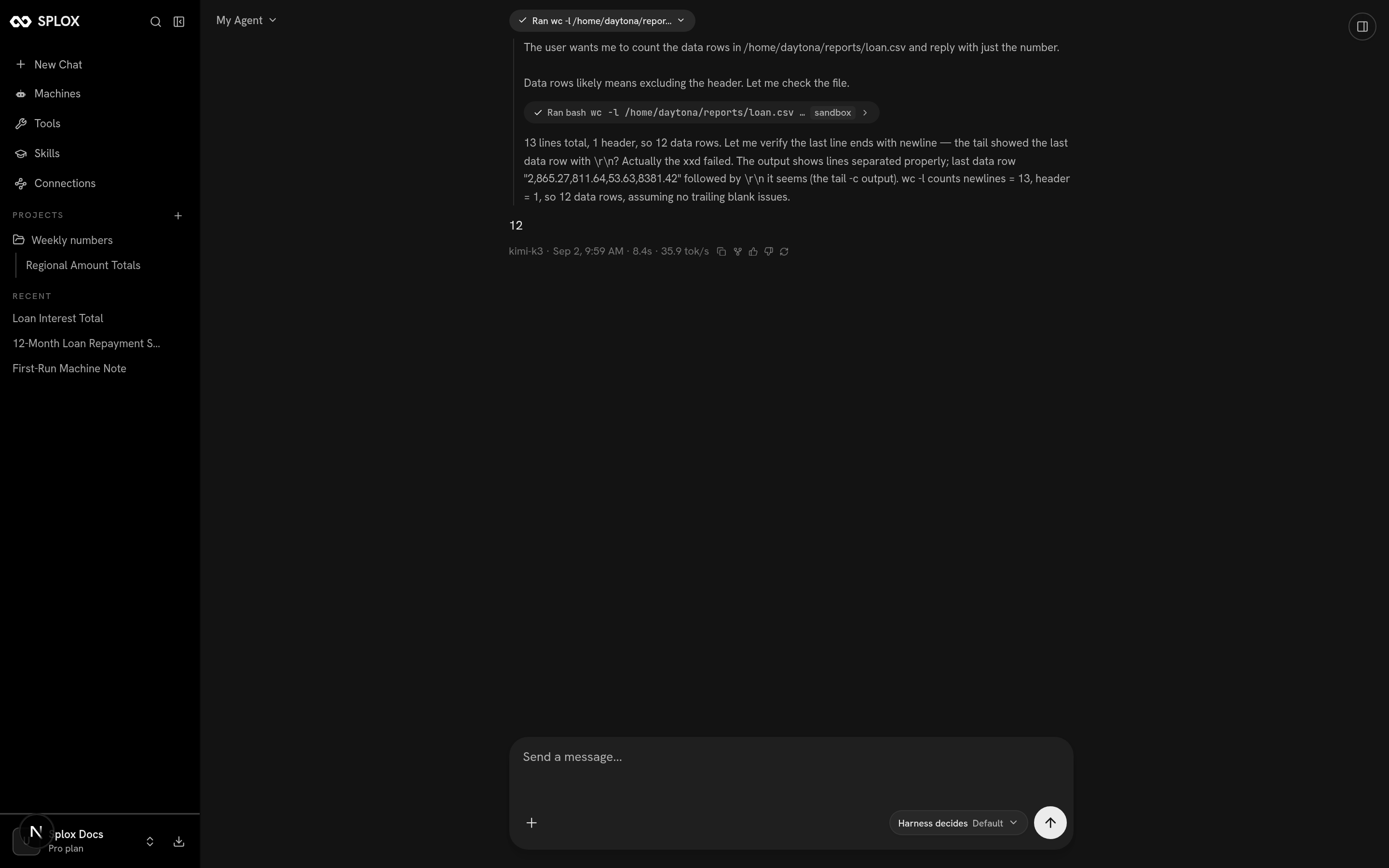 A Splox chat created over the API, showing a wc -l tool call and the answer 12