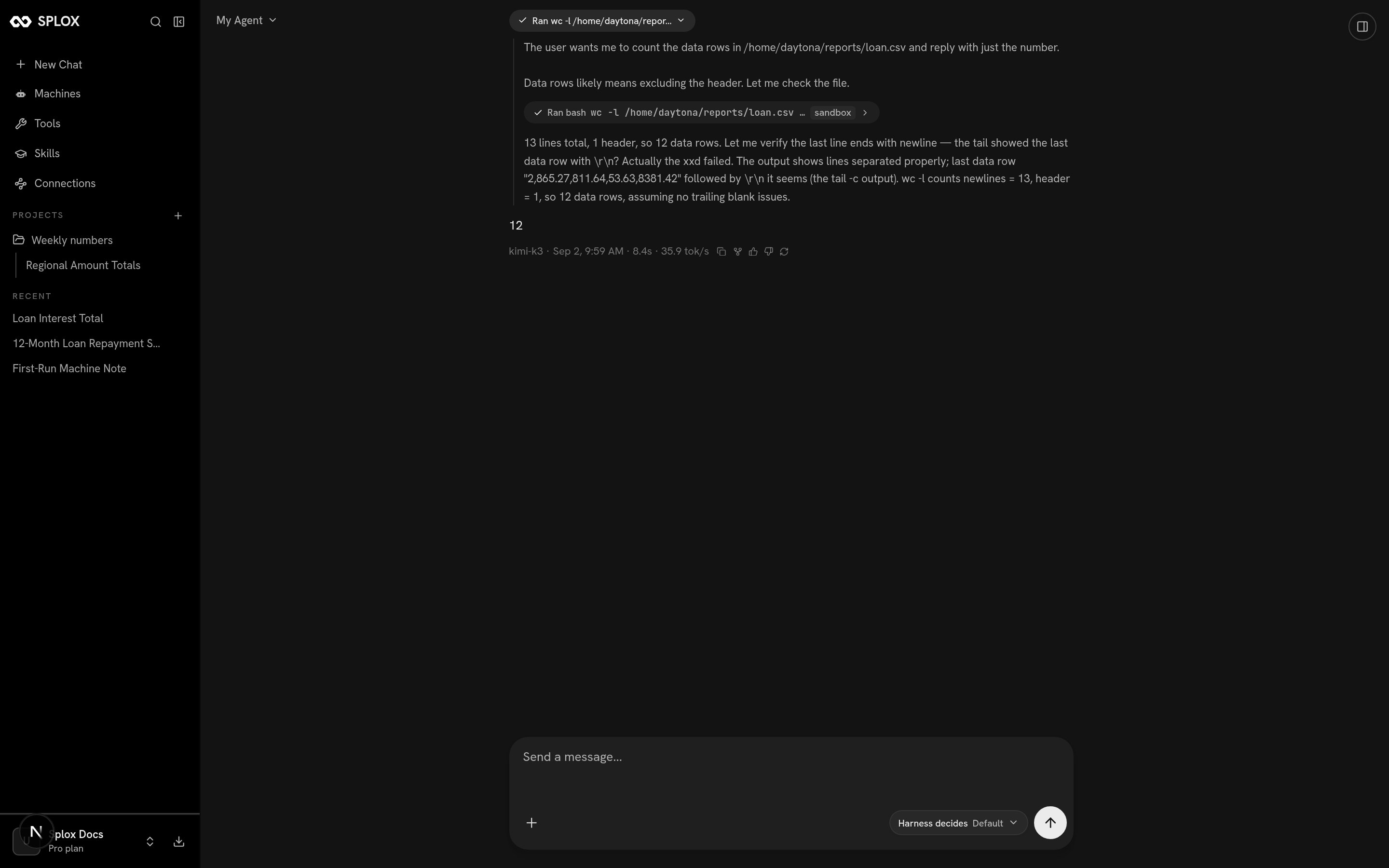 A Splox chat created over the API, showing a wc -l tool call and the answer 12