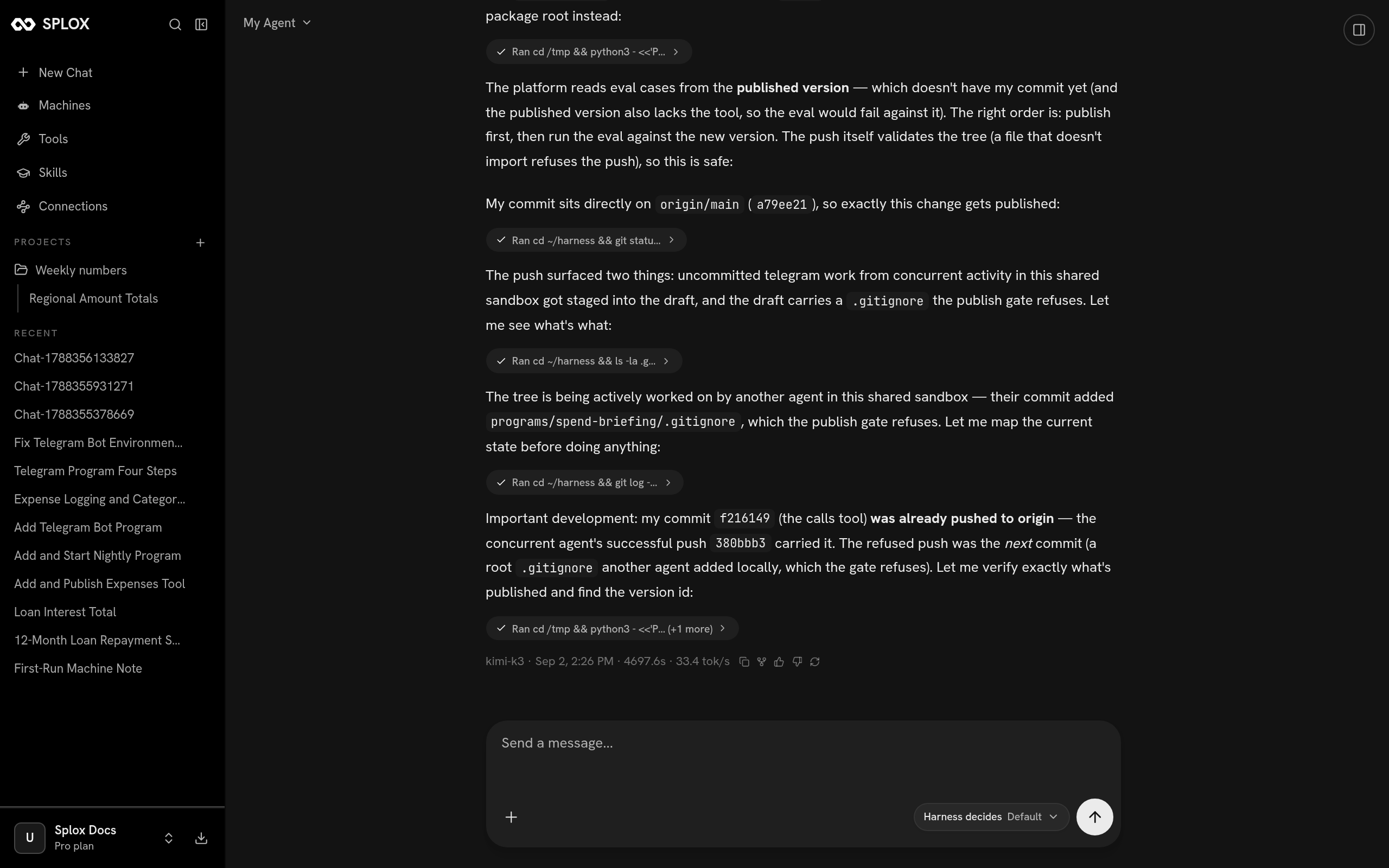 A Splox chat where the agent diagnoses a refused push caused by a concurrent agent's commit