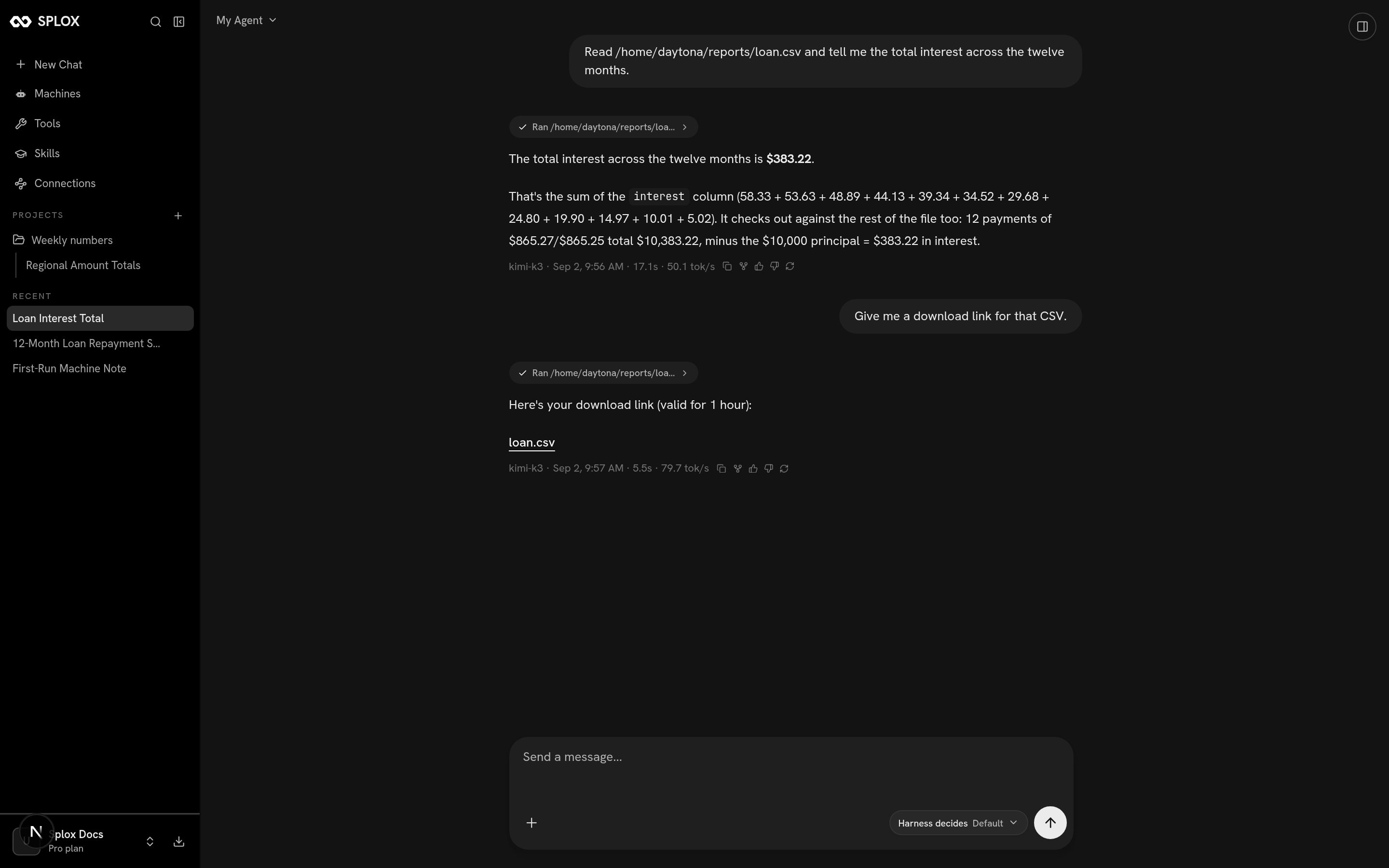 A Splox chat showing a file read and a download link for loan.csv