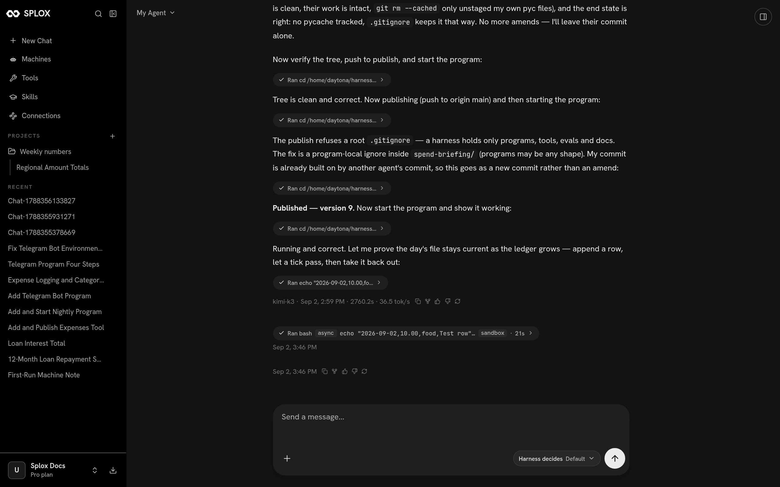 A Splox chat where the agent publishes version 9 and starts the program