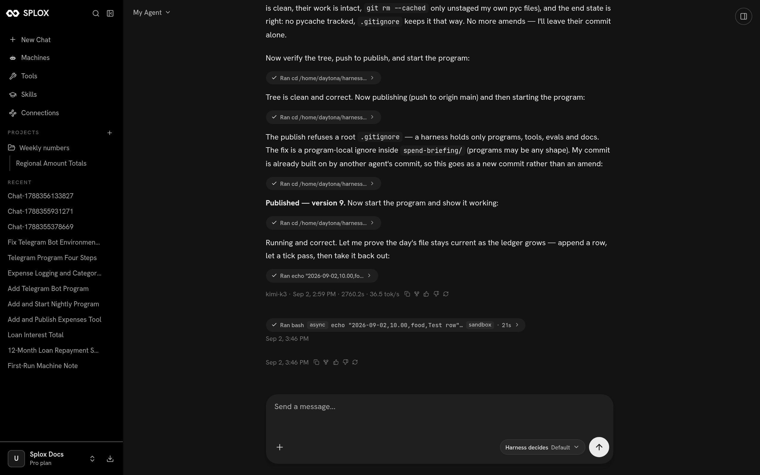 A Splox chat where the agent publishes version 9 and starts the program