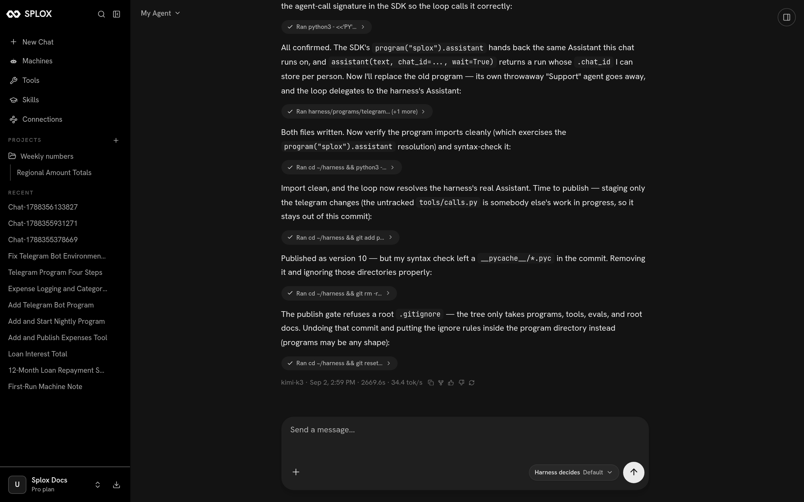 A Splox chat where the agent replaces the bot's private agent with the harness Assistant and publishes version 10