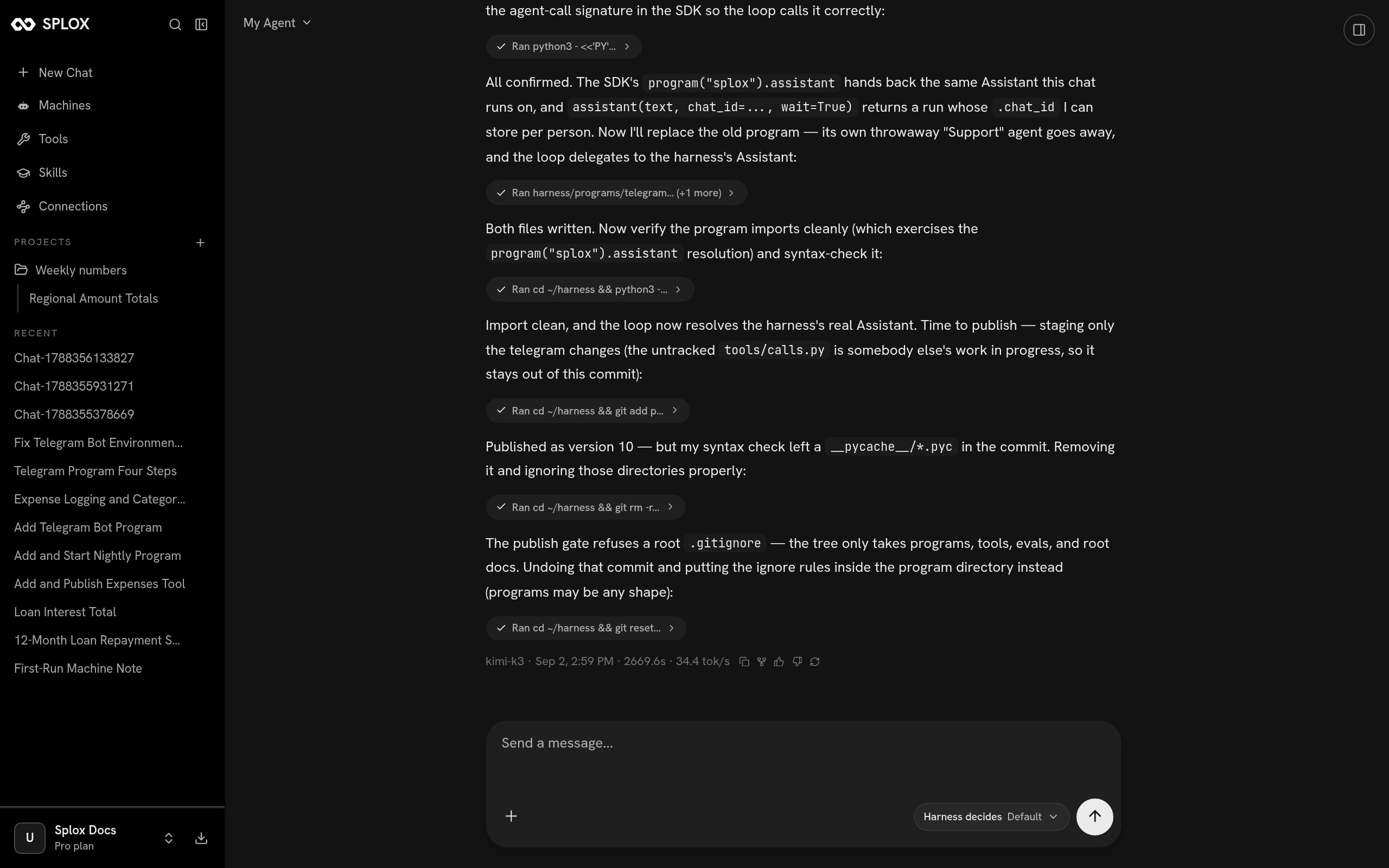 A Splox chat where the agent replaces the bot's private agent with the harness Assistant and publishes version 10