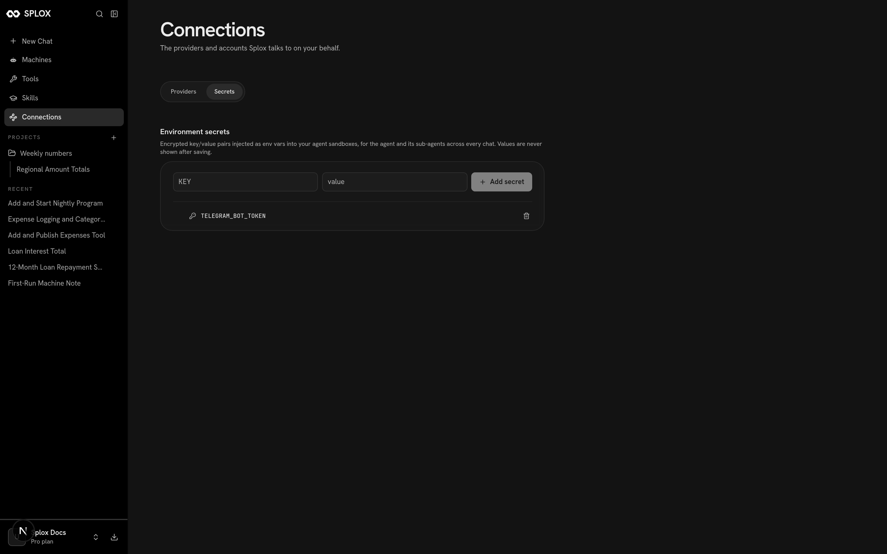 The Connections Secrets tab with TELEGRAM_BOT_TOKEN saved