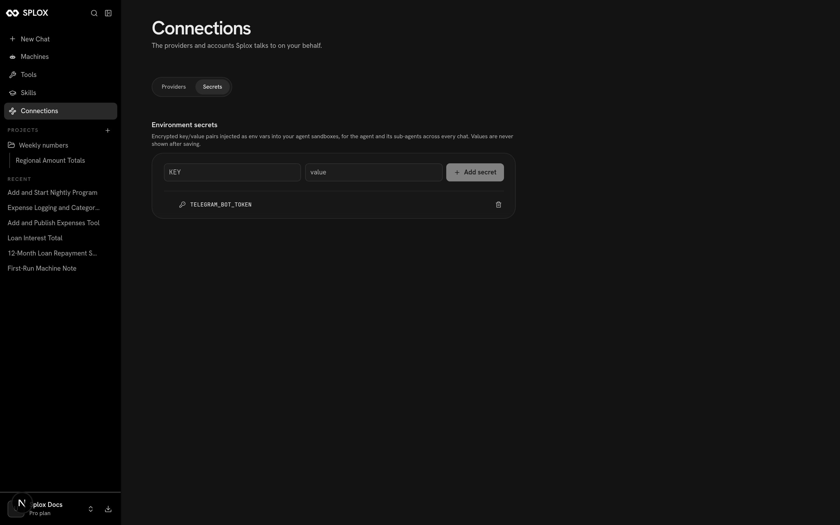 The Connections Secrets tab with TELEGRAM_BOT_TOKEN saved